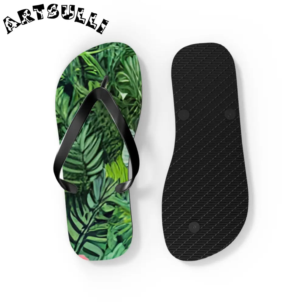 JAKKOUTTHEBXX Black Strapped Flip Flops with Green Leaf Pattern