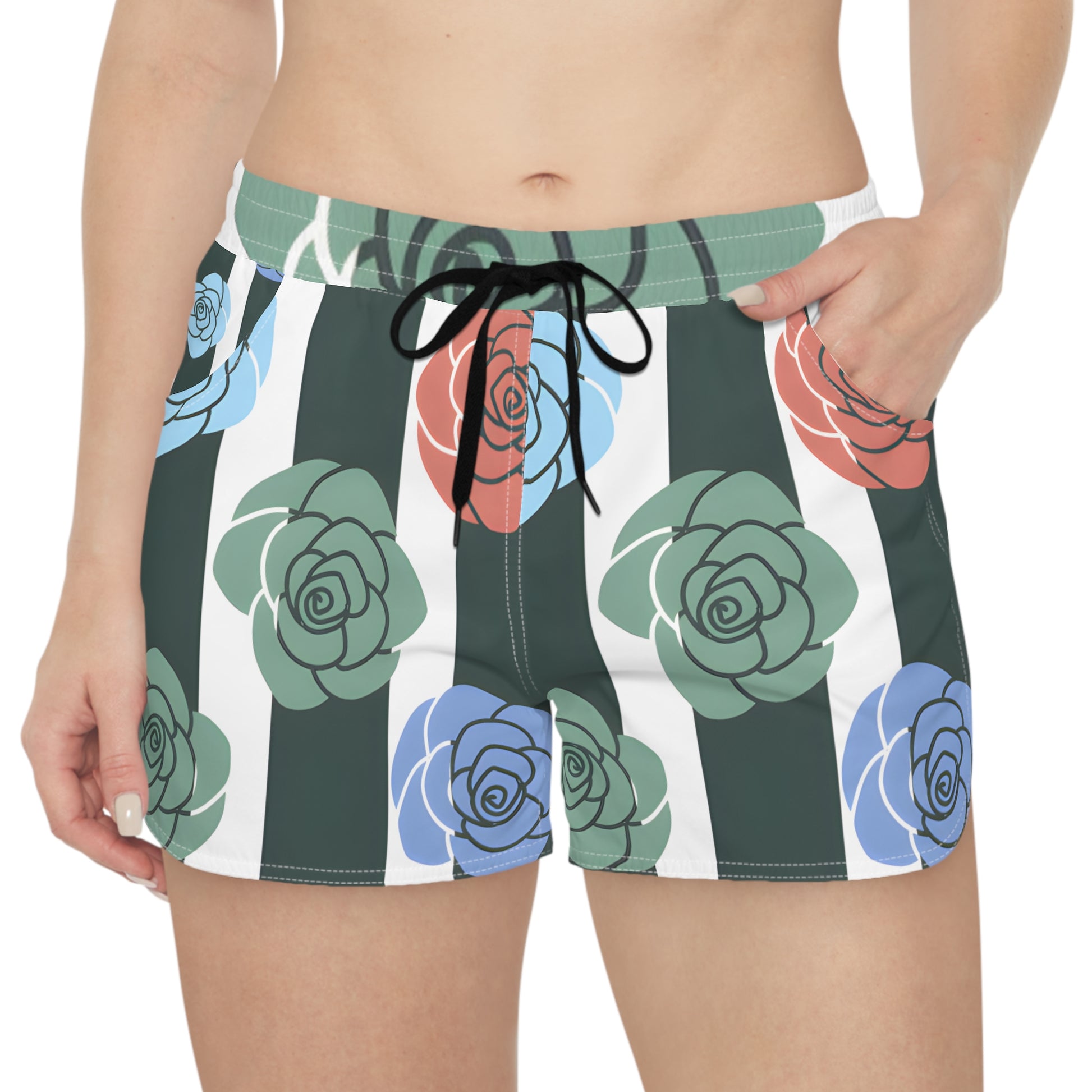 Stripes x Roses Black and White Women's Casual Shorts (AOP), Artsulli - Art is Long, Life is Short, All Over Prints, , , , , , , 