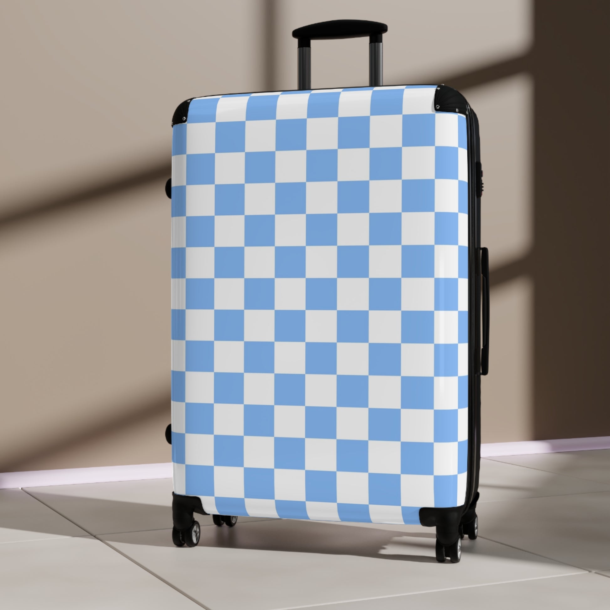 Checkerboard White and Light Blue Suitcase, Artsulli - Art is Long, Life is Short, Bags, , , , , , , 
