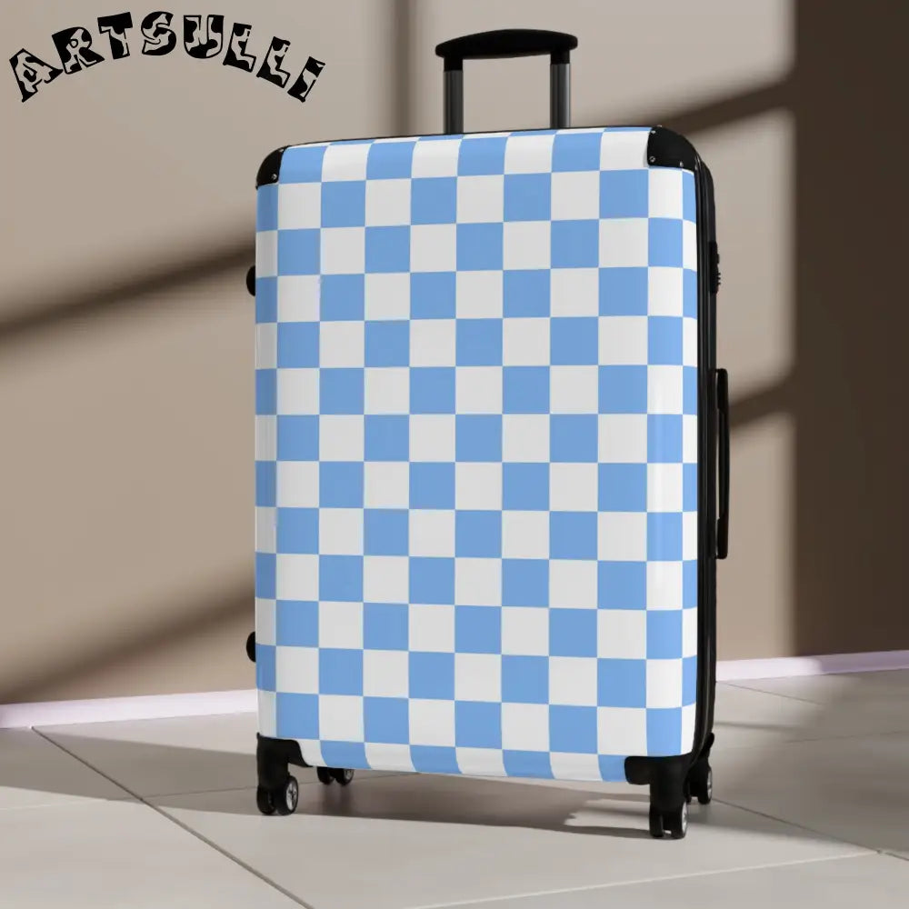 JAKKOUTTHEBXX Checkerboard White and Light Blue Suitcase