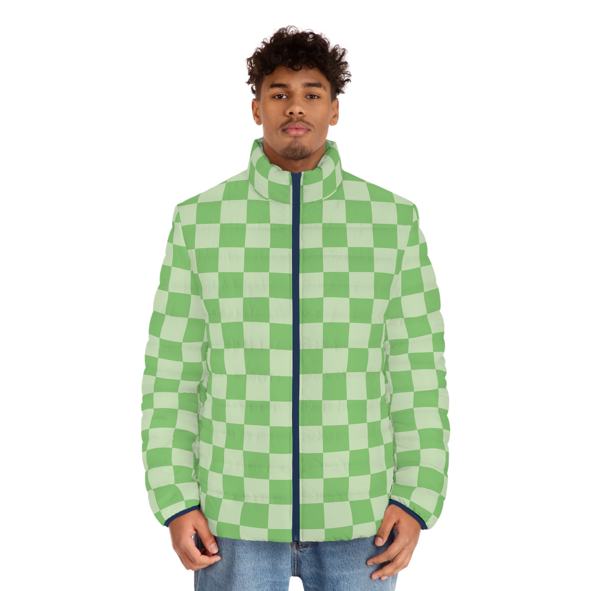 Checkerboard Green Men's Puffer Jacket (AOP), Artsulli - Art is Long, Life is Short, All Over Prints, , , , , , , 