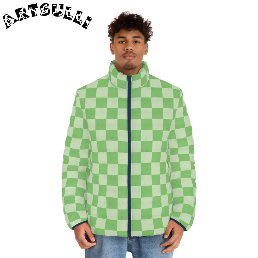 JAKKOUTTHEBXX Checkerboard Green Men’s Puffer Jacket (AOP)