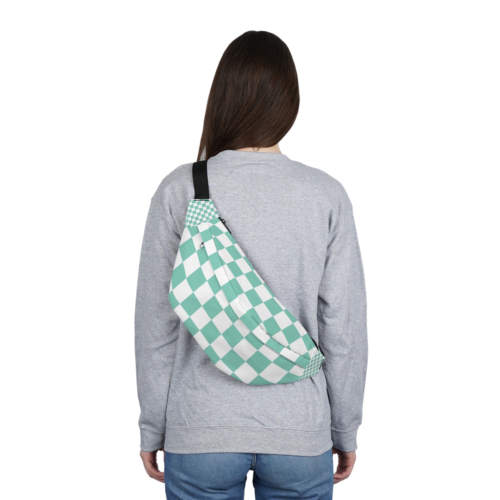 Checkerboard Light Green Large Fanny Pack, Artsulli - Art is Long, Life is Short, Bags, , , , , , , 