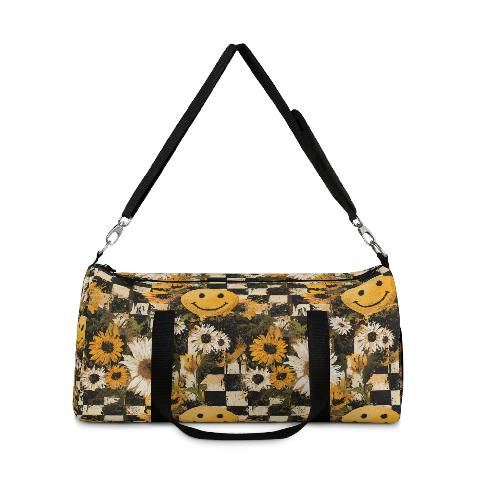 Smiley Face x Checkerboard x Sunflowers x Trippy x Vintage Black and Yellow Duffel Bag, Artsulli - Art is Long, Life is Short, Bags, , , , , , , 