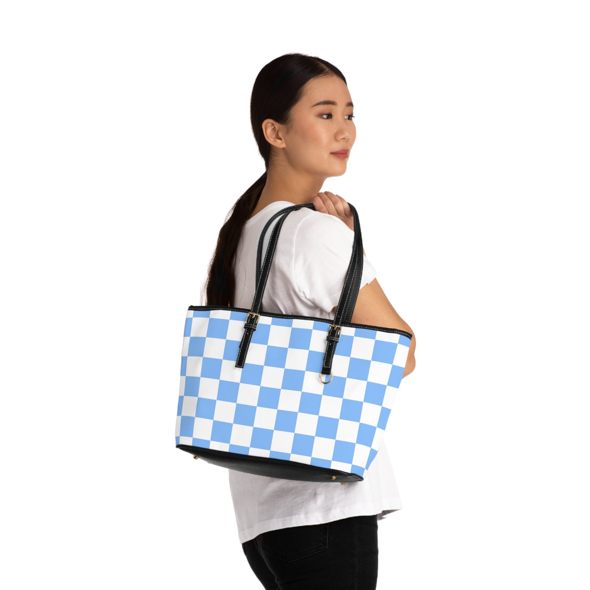 Checkerboard White and Light Blue PU Leather Shoulder Bag, Artsulli - Art is Long, Life is Short, Bags, , , , , , , 