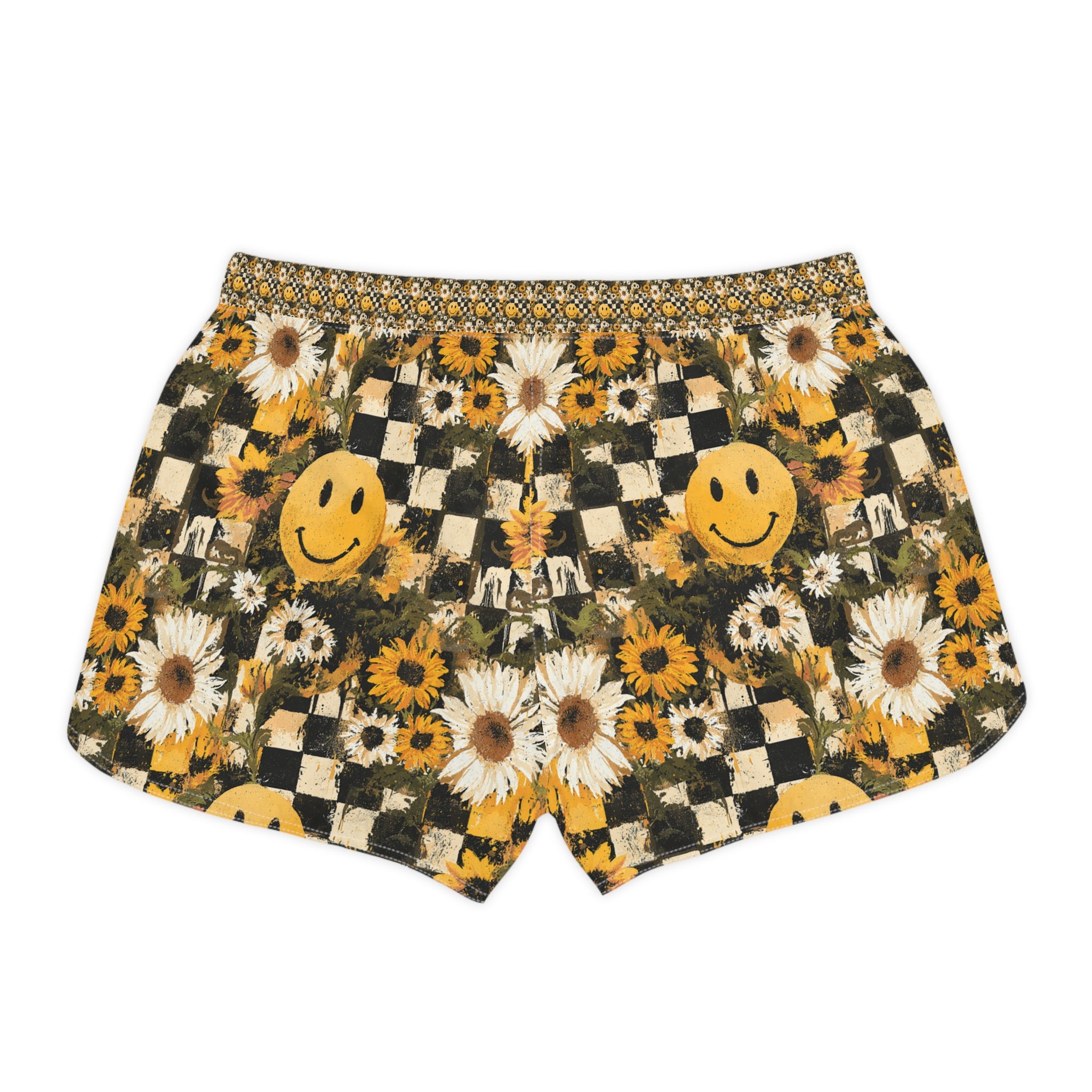 Smiley Face x Checkerboard x Sunflowers x Trippy x Vintage Black and Yellow Women's Casual Shorts (AOP), Artsulli - Art is Long, Life is Short, All Over Prints, , , , , , , 