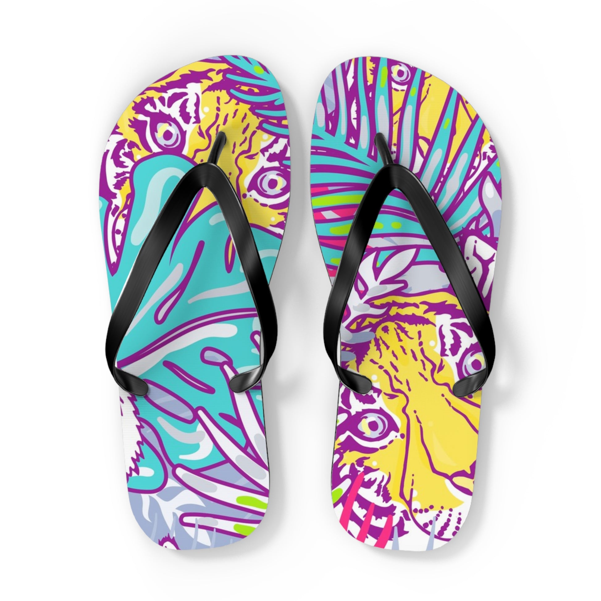 Tropical Floral Tigers Torquise and Purple Flip Flops, Artsulli - Art is Long, Life is Short, Shoes, Size, XL, Color, Black sole, , , 14145865815342