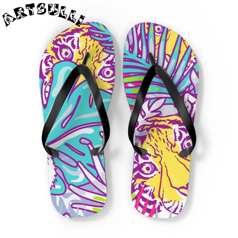 JAKKOUTTHEBXX Tropical Floral Tigers Torquise and Purple Flip Flops