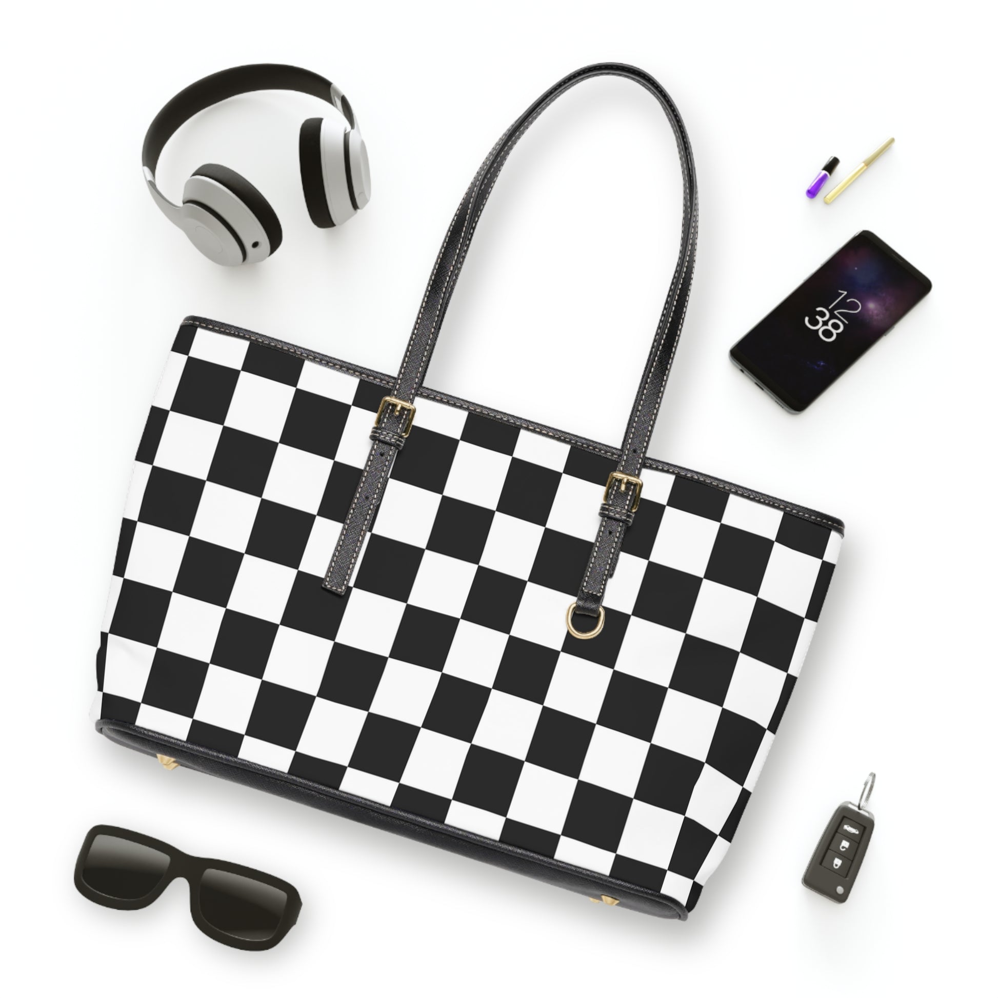 Checkerboard White and Black PU Leather Shoulder Bag, Artsulli - Art is Long, Life is Short, Bags, , , , , , , 