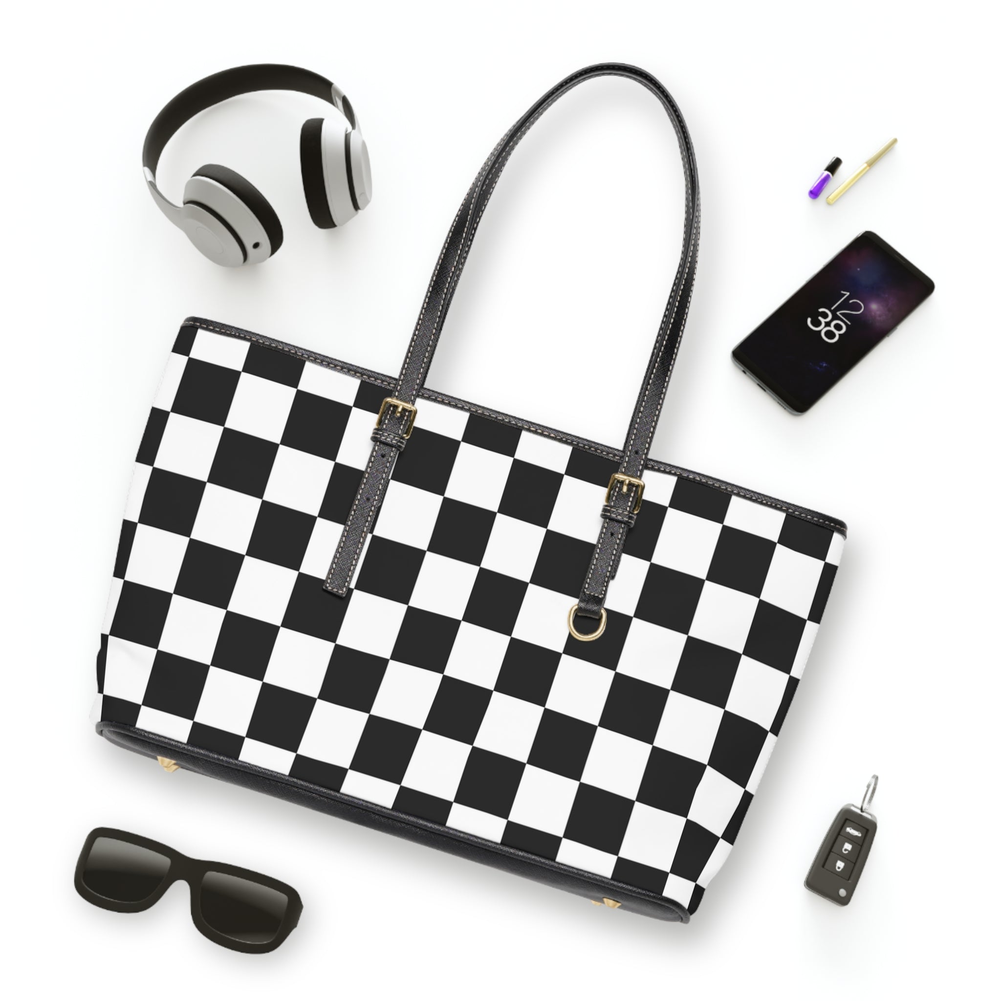Checkerboard White and Black PU Leather Shoulder Bag, Artsulli - Art is Long, Life is Short, Bags, , , , , , , 