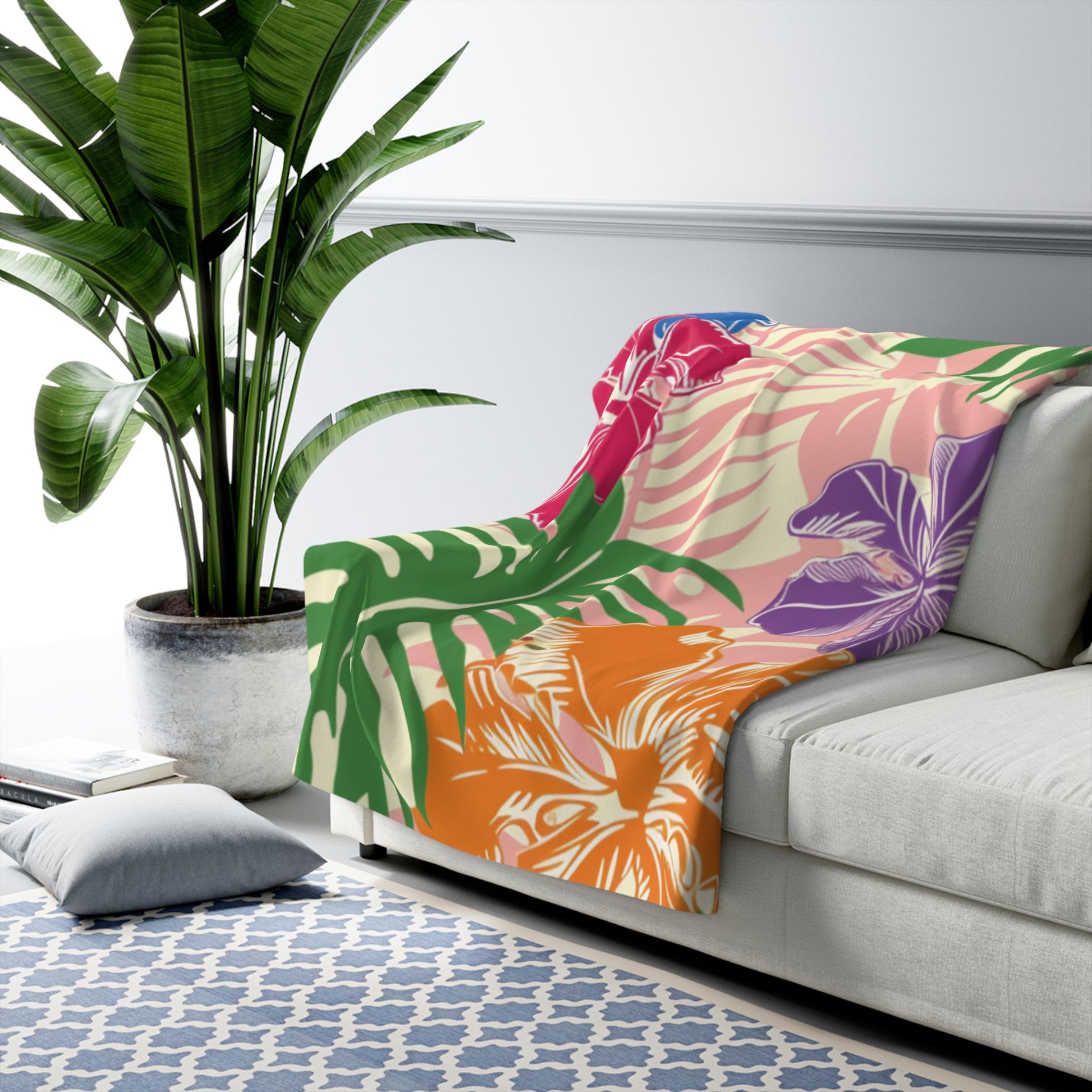 Blooming Tropical Flowers Sherpa Fleece Blanket, Artsulli - Art is Long, Life is Short, Home Decor, , , , , , , 
