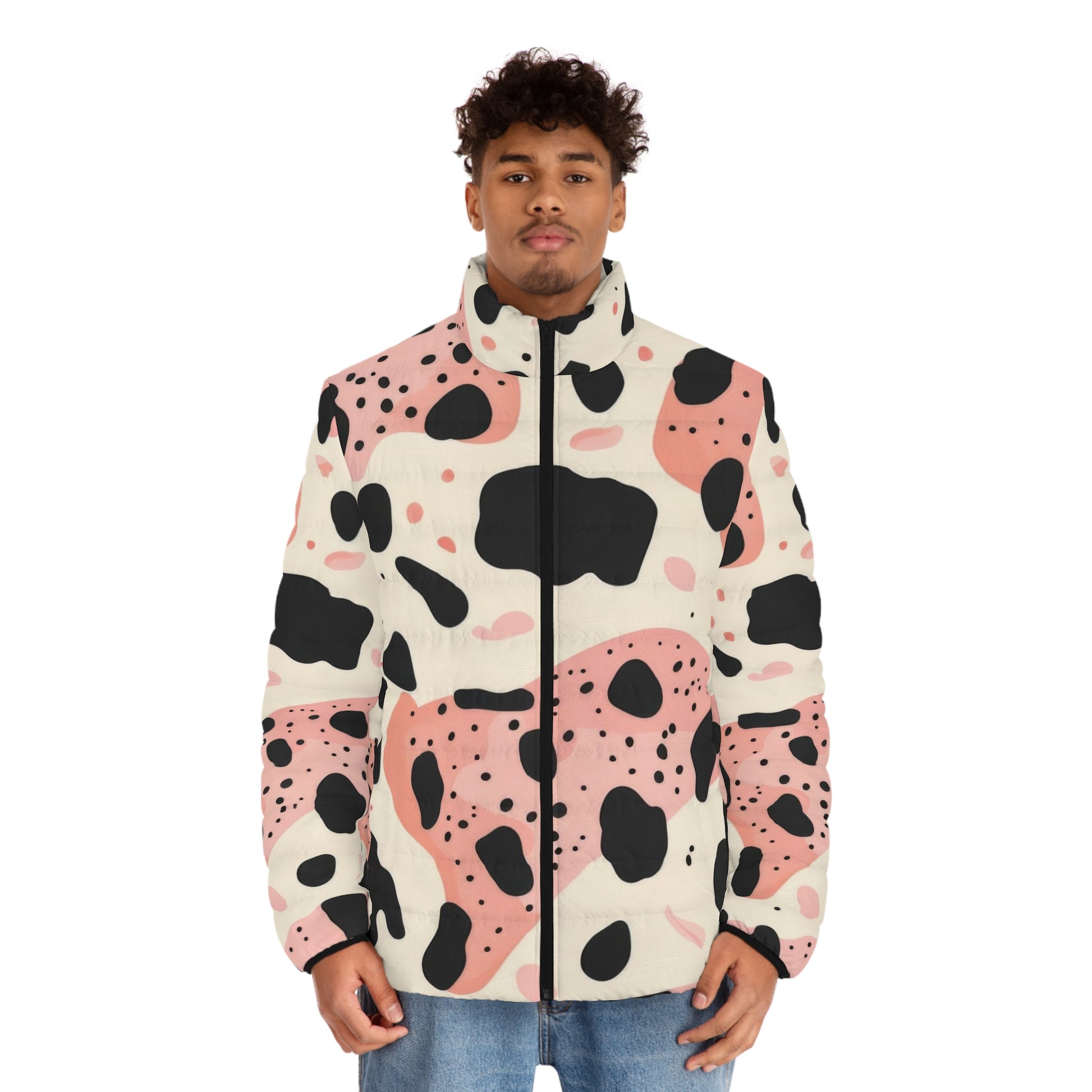 Organic Cow Print Cream and Pink Men's Puffer Jacket (AOP), Artsulli - Art is Long, Life is Short, All Over Prints, , , , , , , 