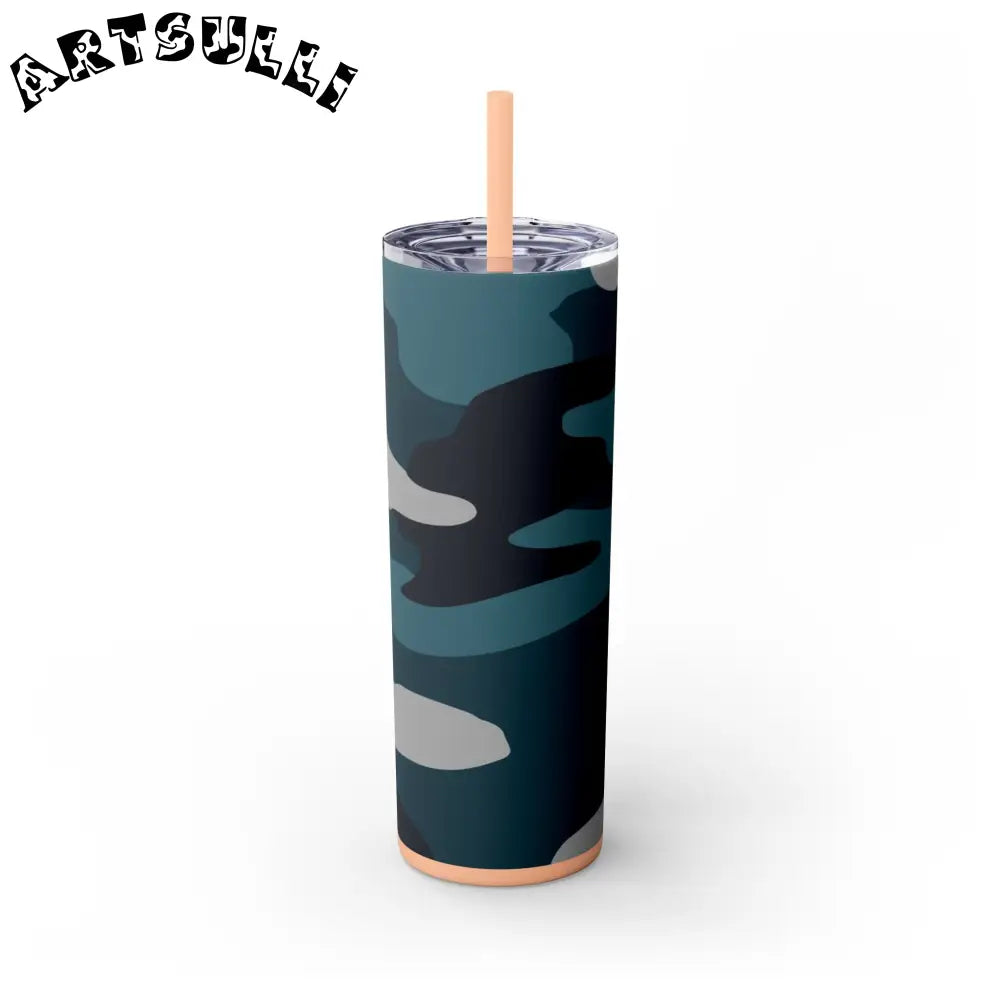 JAKKOUTTHEBXX Blue Camouflage Skinny Tumbler with Straw 20oz