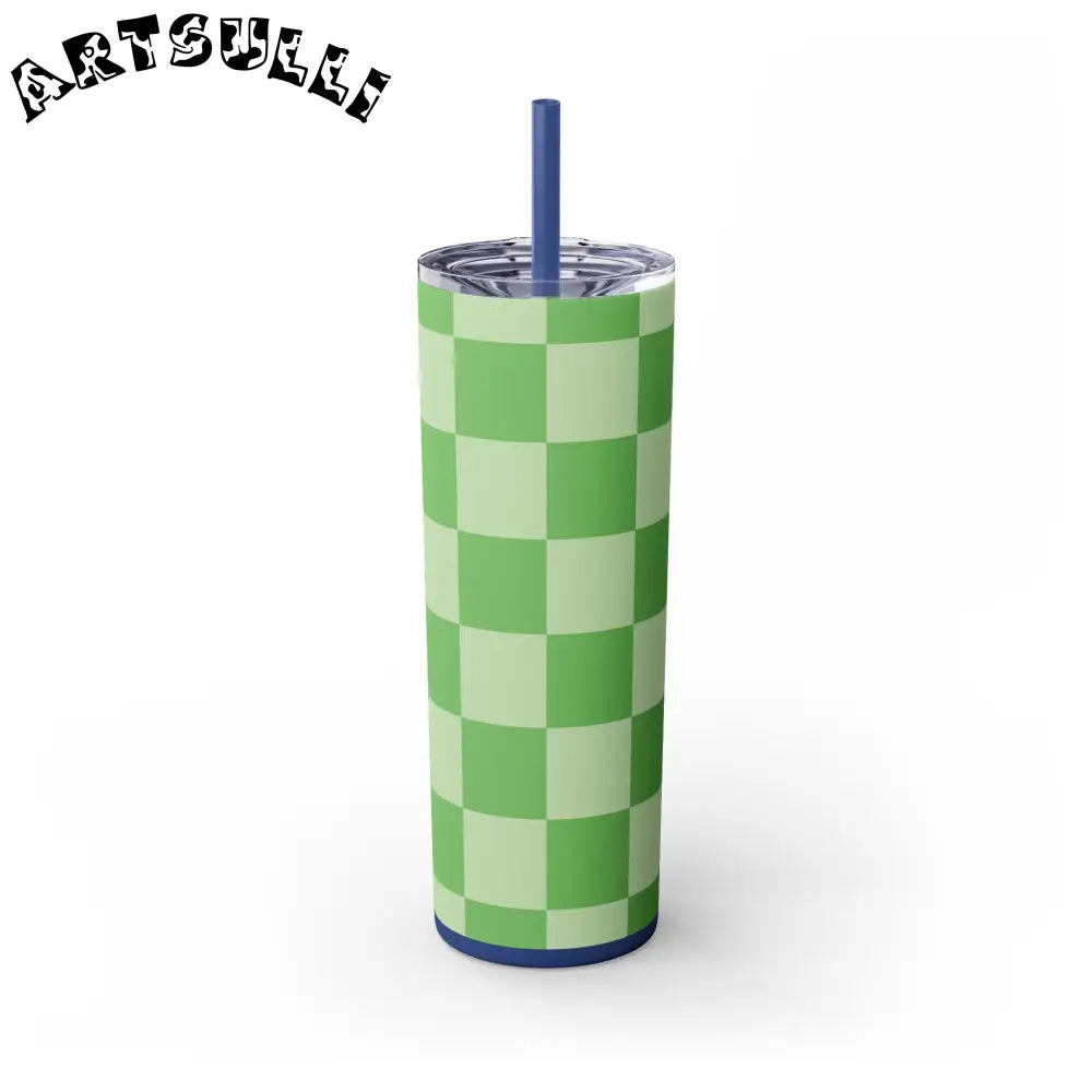 JAKKOUTTHEBXX Checkerboard Green Skinny Tumbler with Straw 20oz