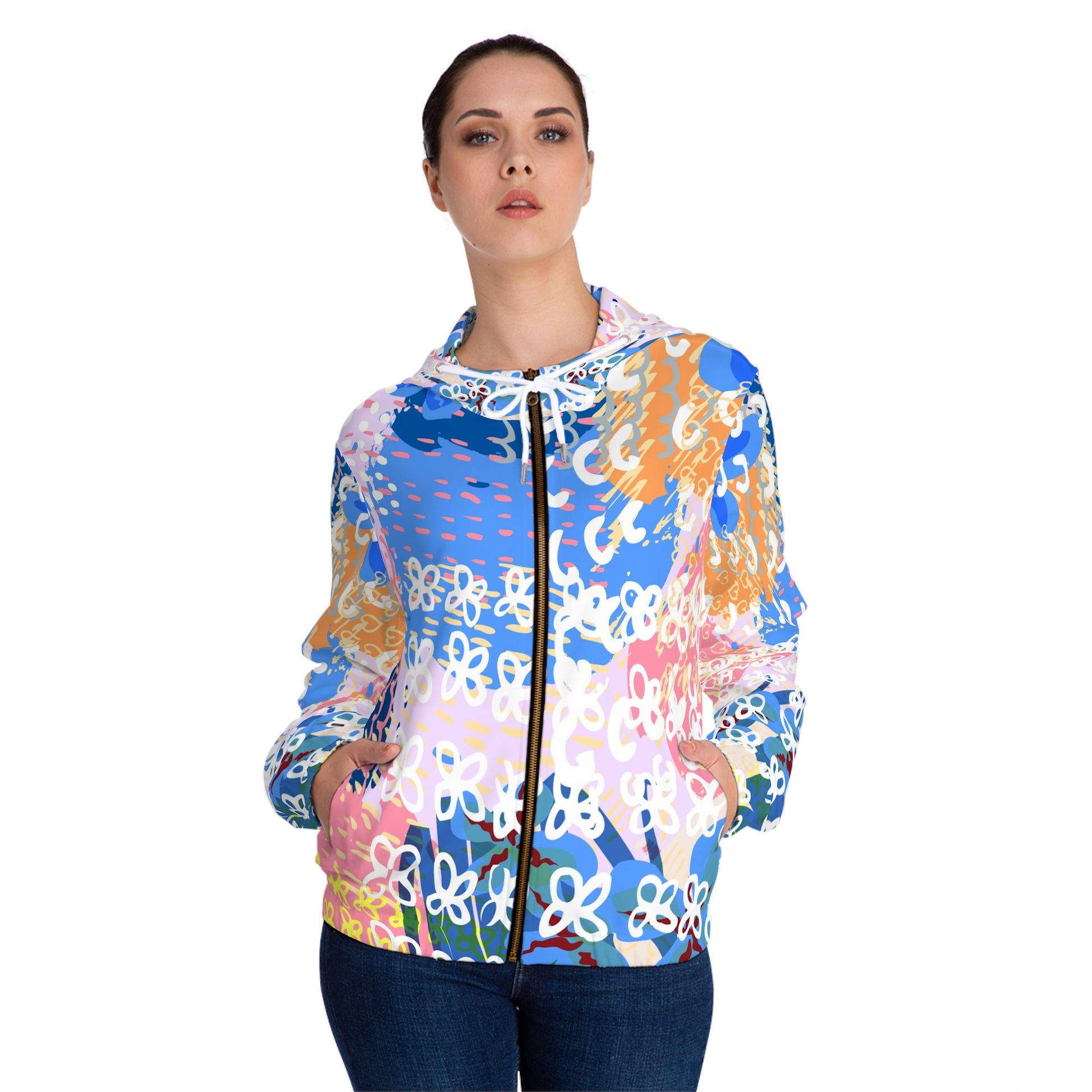 Flowers x Doodles x Hearts Multi-Color Women’s Full-Zip Hoodie (AOP), Artsulli - Art is Long, Life is Short, All Over Prints, , , , , , , 