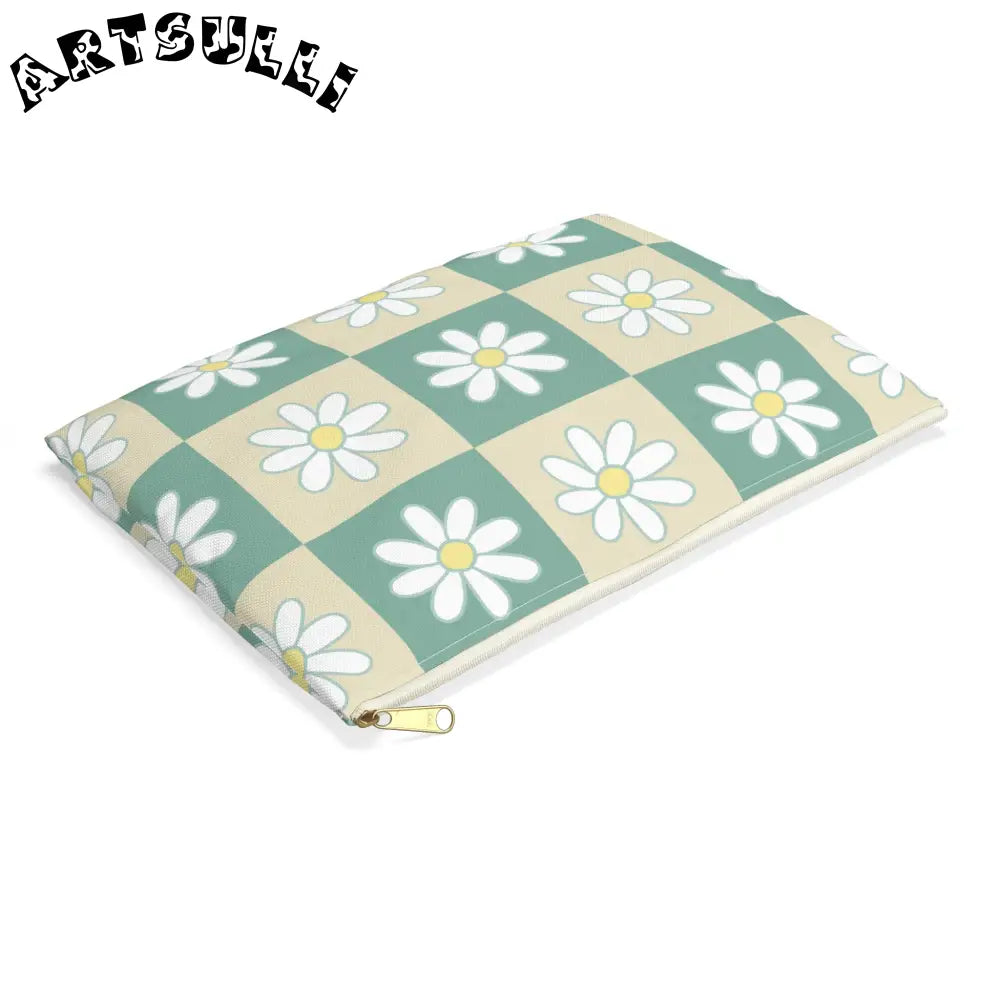 JAKKOUTTHEBXX Retro Daisy Checkerboard Green and Tan Accessory Pouch