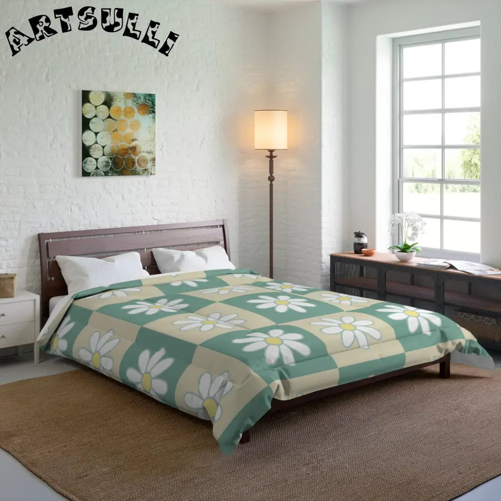 JAKKOUTTHEBXX Retro Daisy Checkerboard Green and Tan Comforter