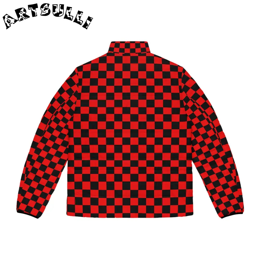 JAKKOUTTHEBXX Checkerboard Red and Black Men’s Puffer Jacket (AOP)