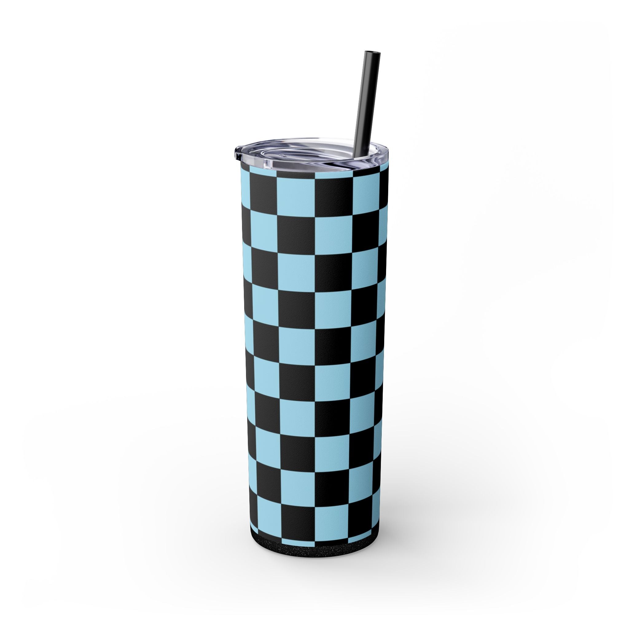 Checkerboard Black and Blue Skinny Tumbler with Straw, 20oz, Artsulli - Art is Long, Life is Short, Mug, , , , , , , 