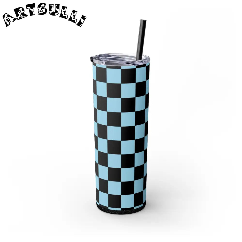 JAKKOUTTHEBXX Checkerboard Black and Blue Skinny Tumbler with Straw