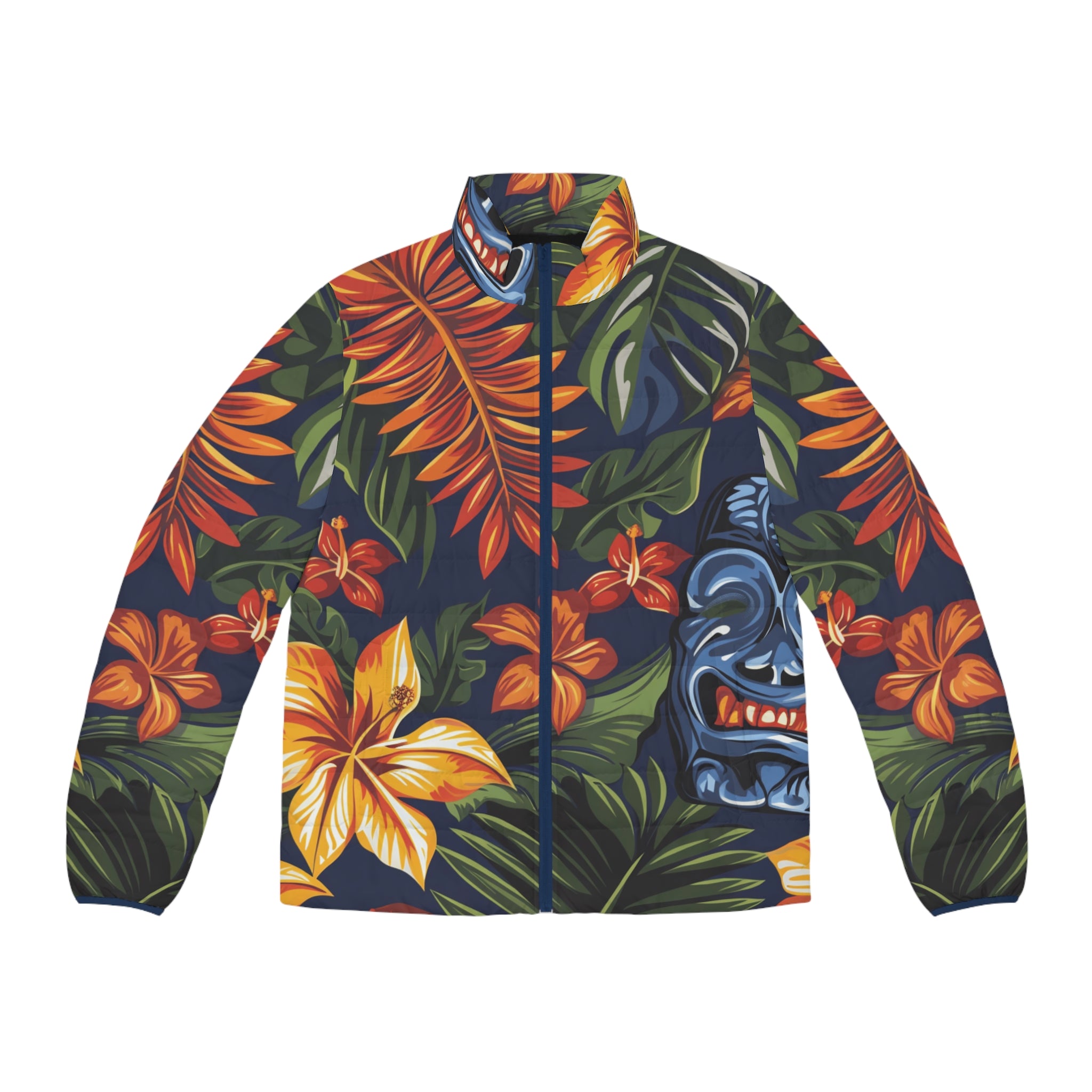 Tiki Bloom Navy Men's Puffer Jacket (AOP), Artsulli - Art is Long, Life is Short, All Over Prints, Size, S, Color, Dark blue zipper, , , 31904577569116444160
