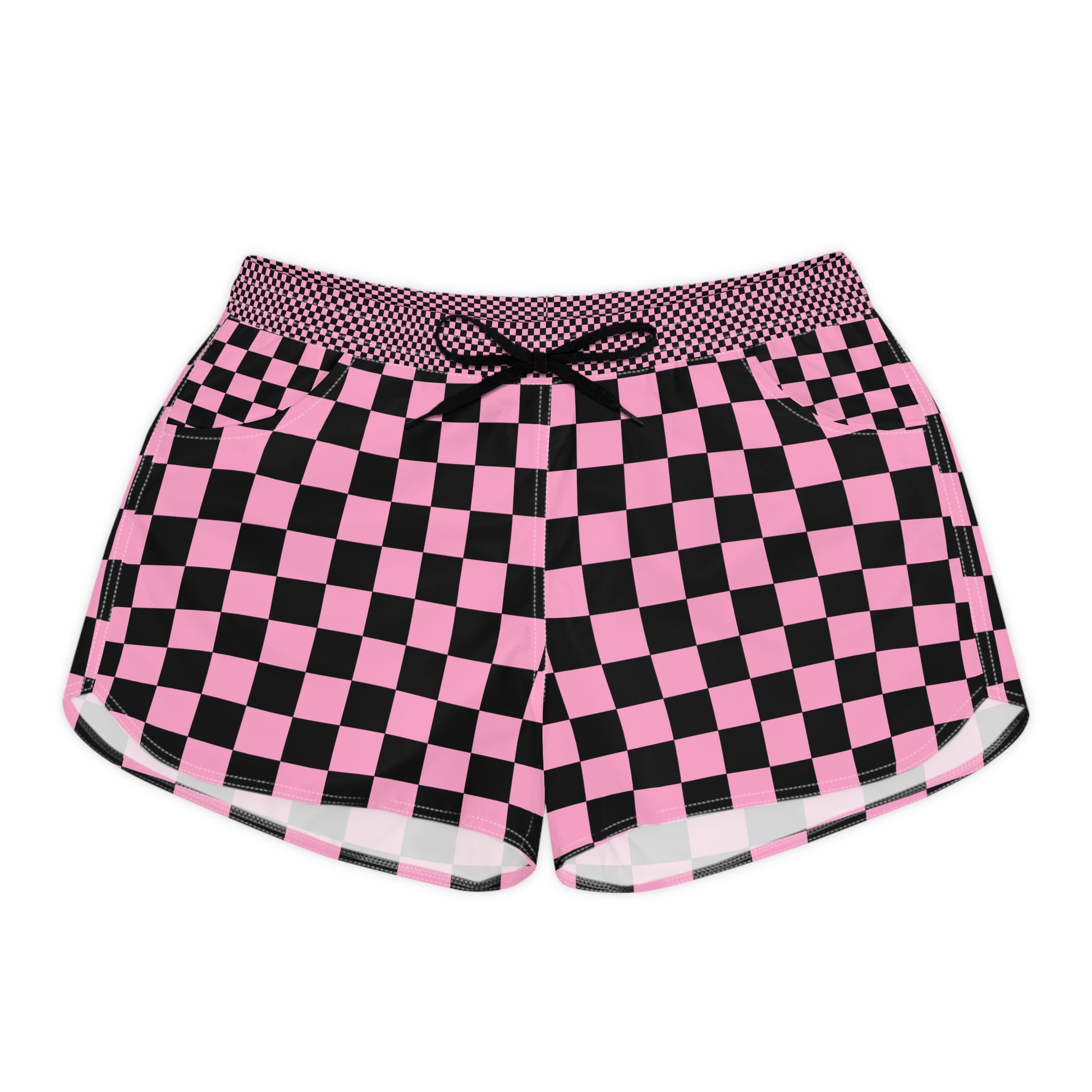 Checkerboard Black and Pink Women's Casual Shorts (AOP), Artsulli - Art is Long, Life is Short, All Over Prints, Size, S, Color, Black drawstring, , , 18352461591736399642