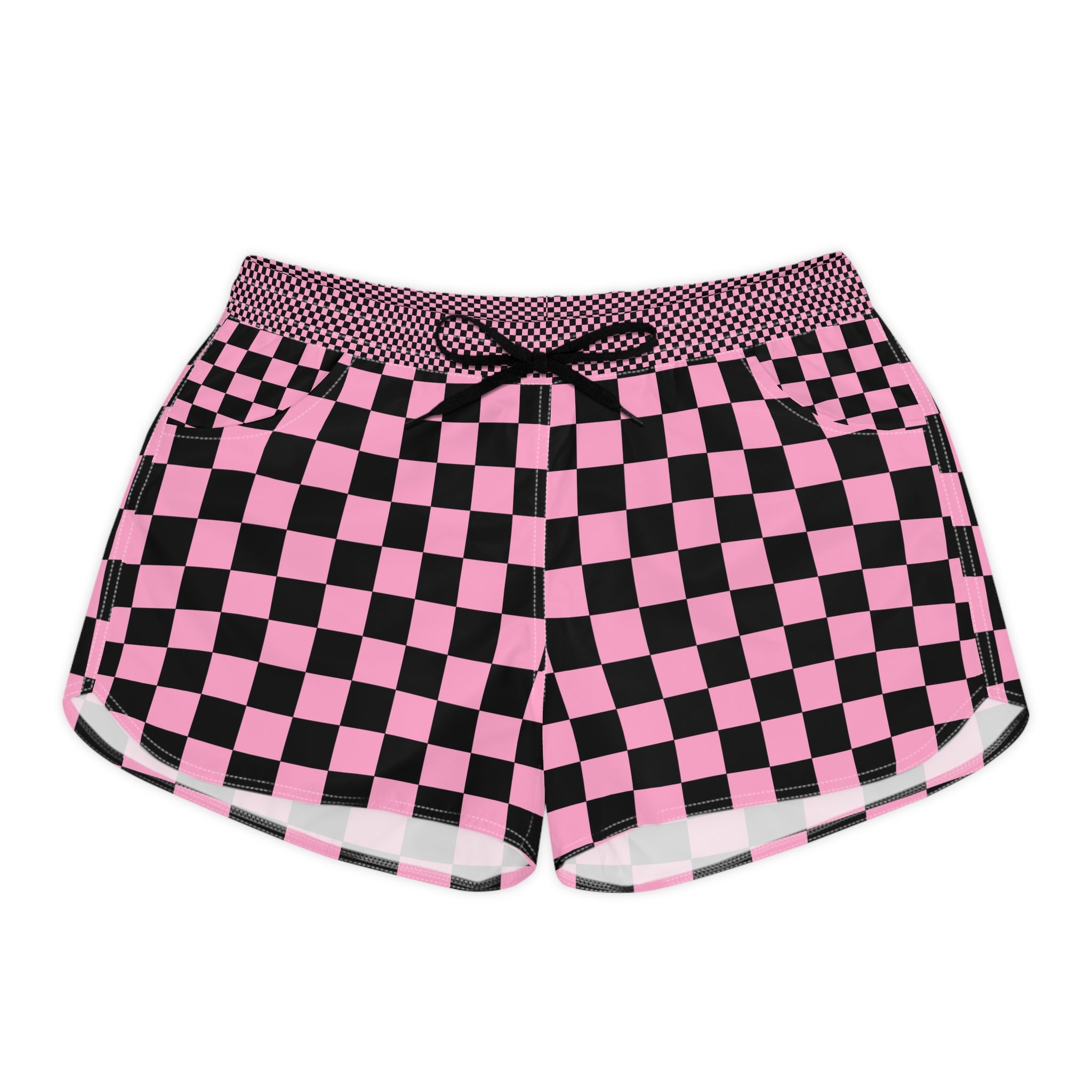 Checkerboard Black and Pink Women's Casual Shorts (AOP), Artsulli - Art is Long, Life is Short, All Over Prints, Size, S, Color, Black drawstring, , , 18352461591736399642