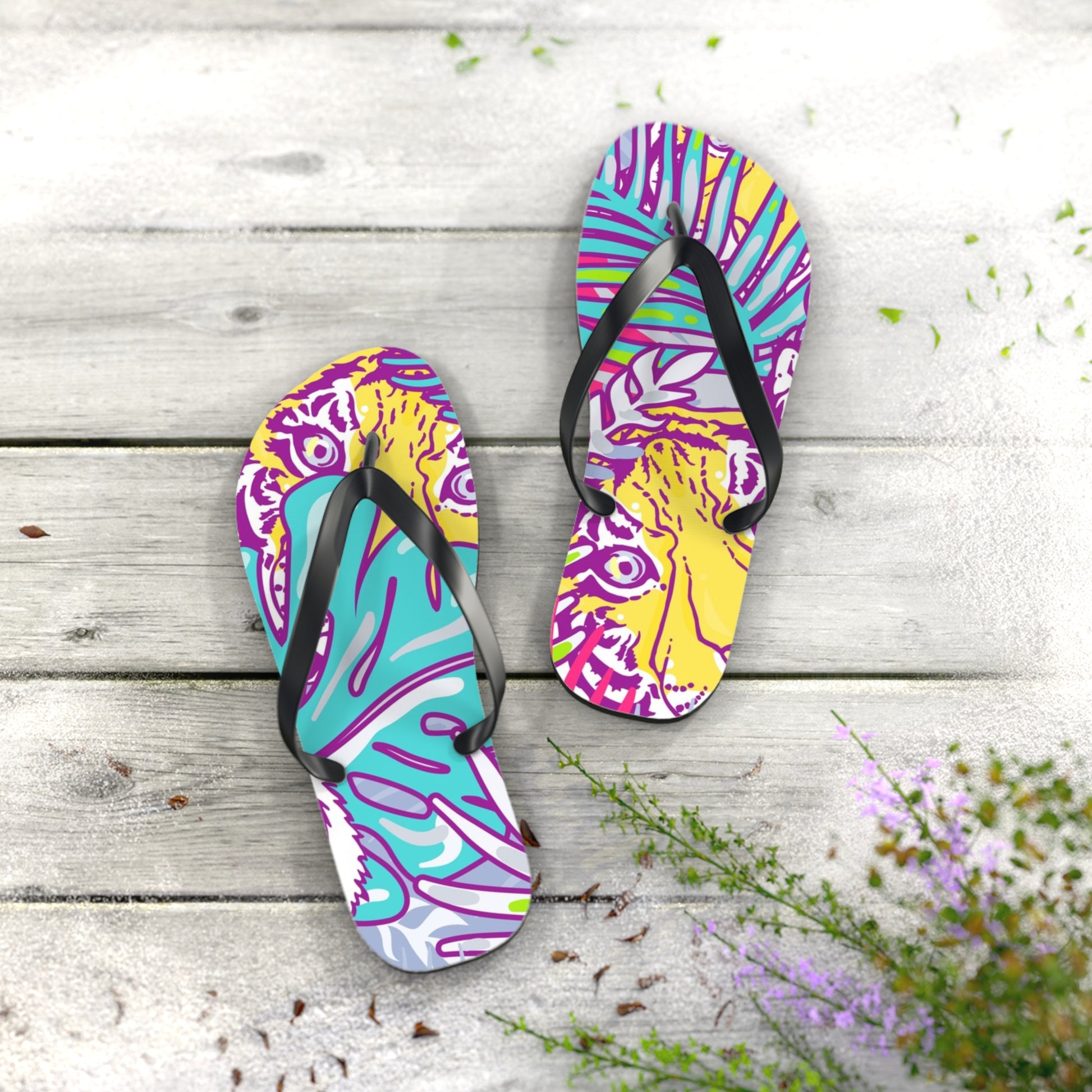 Tropical Floral Tigers Torquise and Purple Flip Flops, Artsulli - Art is Long, Life is Short, Shoes, , , , , , , 