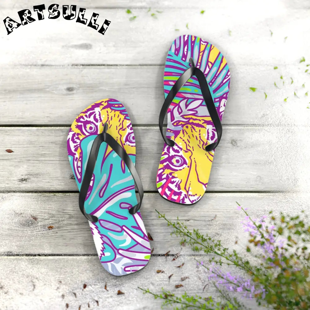 JAKKOUTTHEBXX Tropical Floral Tigers Torquise and Purple Flip Flops