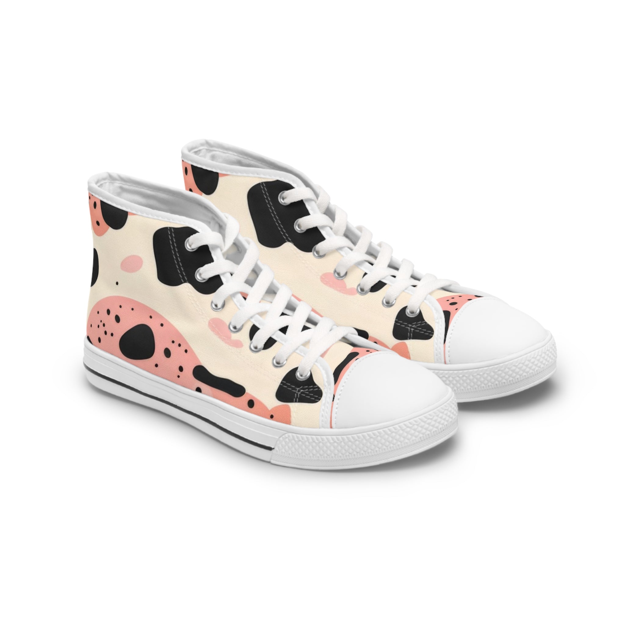 Organic Cow Print Cream and Pink Women's High Top Sneakers, Artsulli - Art is Long, Life is Short, Shoes, Size, US 5.5, Color, White sole, , , 86484304434708