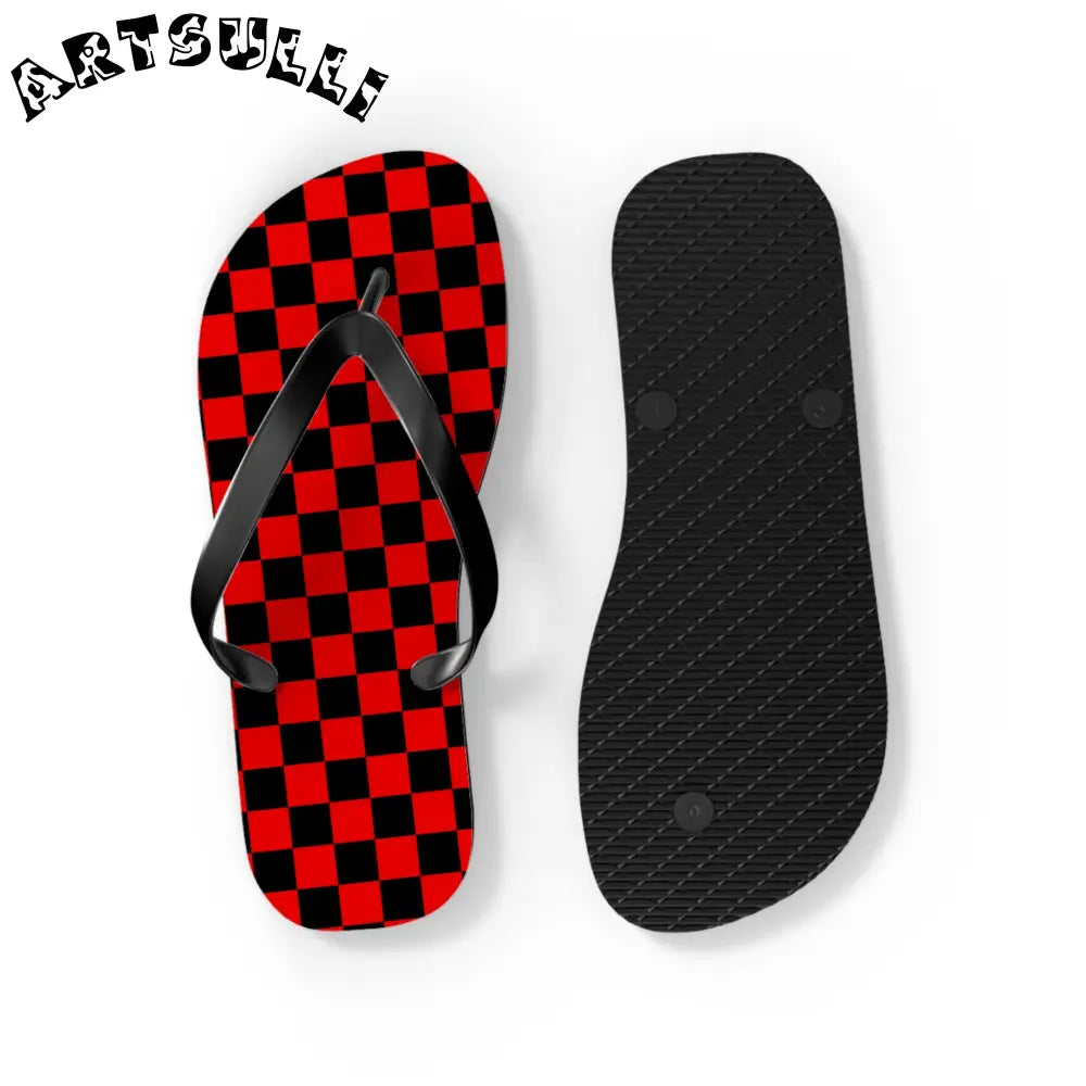 JAKKOUTTHEBXX Checkerboard Red and Black Flip Flops JAKKOUTTHEBXX