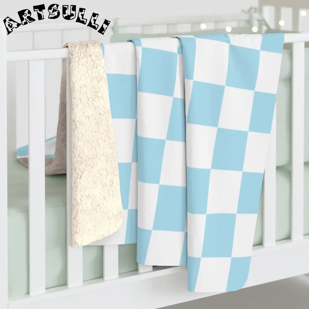 JAKKOUTTHEBXX Checkerboard Sky Blue Sherpa Fleece Blanket