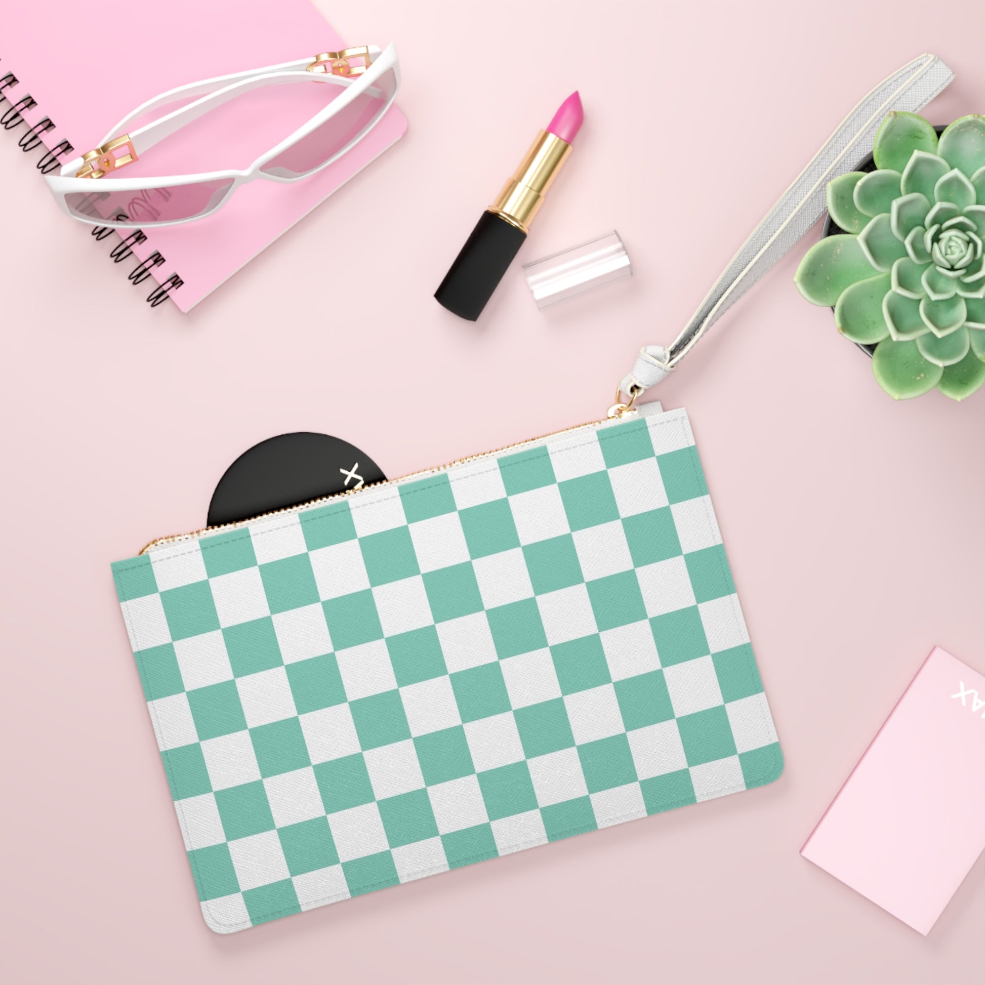 Checkerboard Light Green Clutch Bag, Artsulli - Art is Long, Life is Short, Bags, , , , , , , 