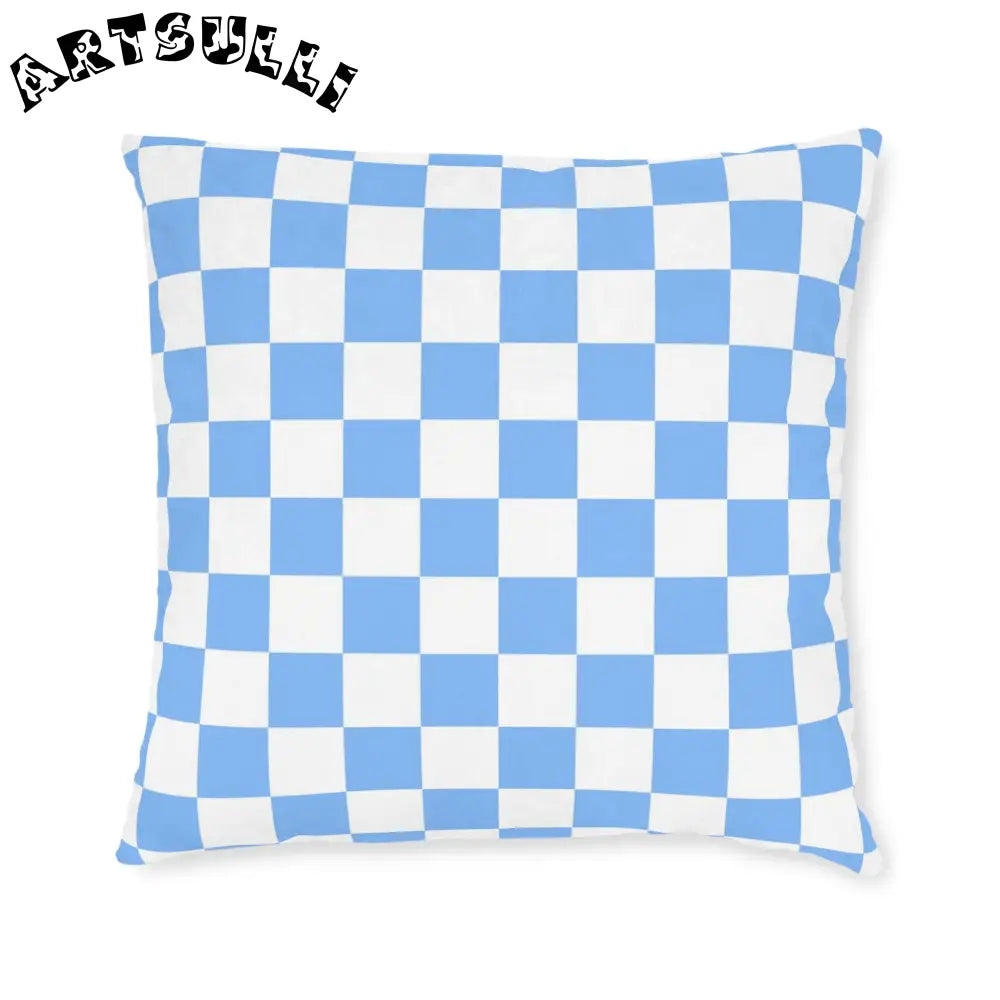 JAKKOUTTHEBXX Checkerboard White and Light Blue Square Pillow