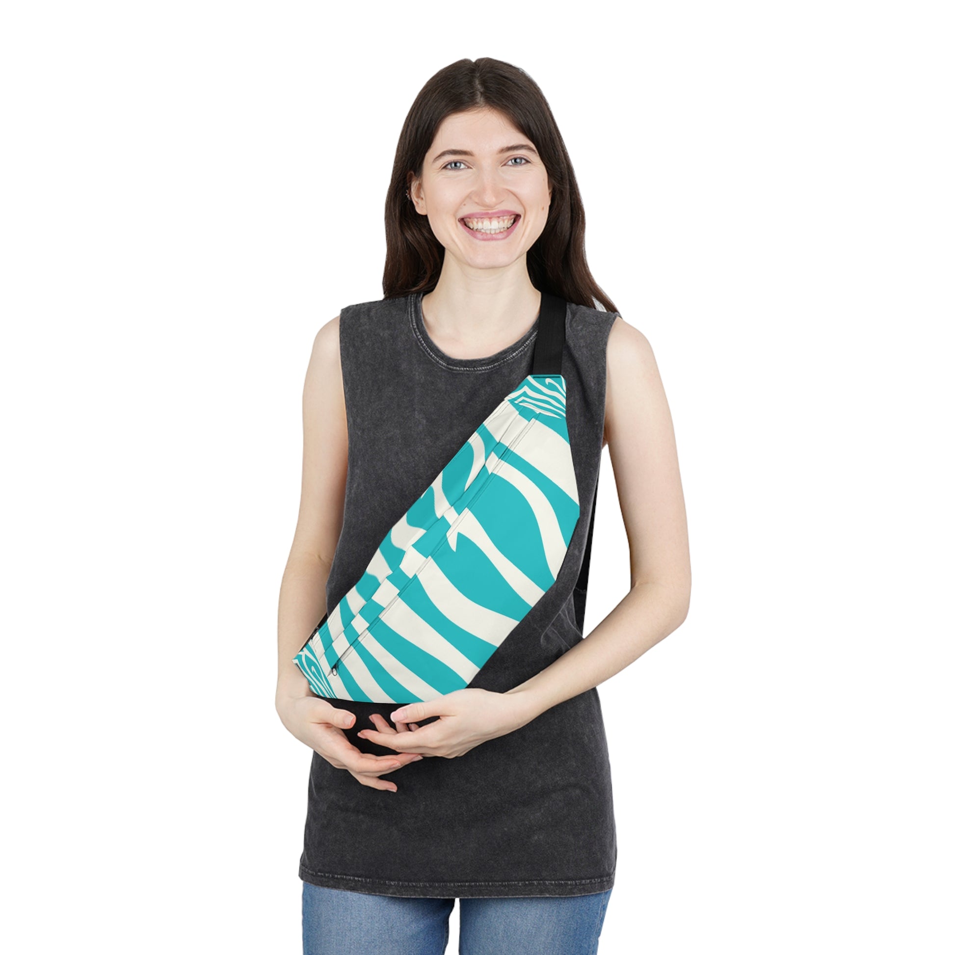 Melting Zebra Stripes Turquoise and White Large Fanny Pack, Artsulli - Art is Long, Life is Short, Bags, , , , , , , 