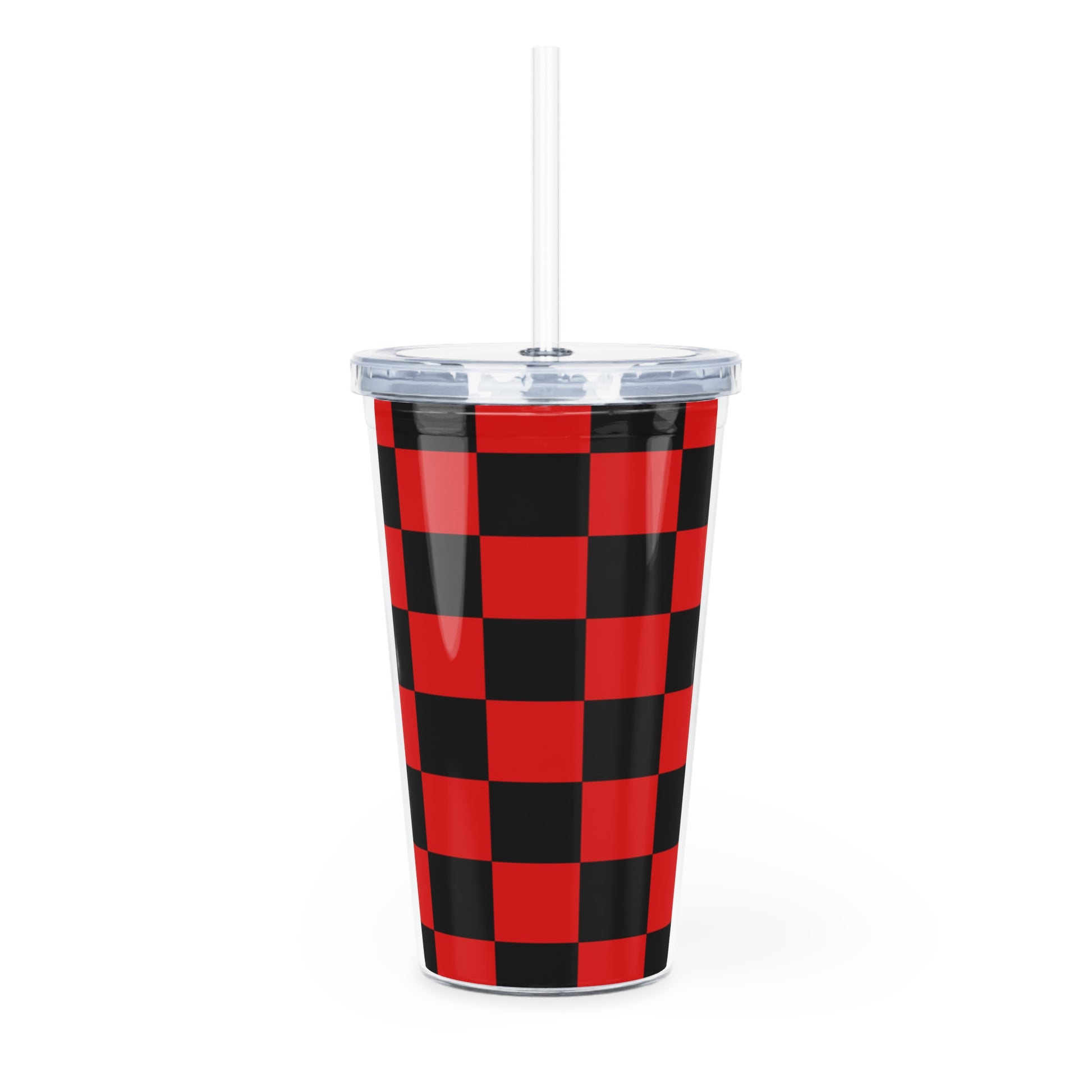 Checkerboard Red and Black Plastic Tumbler with Straw, Artsulli - Art is Long, Life is Short, Mug, , , , , , , 