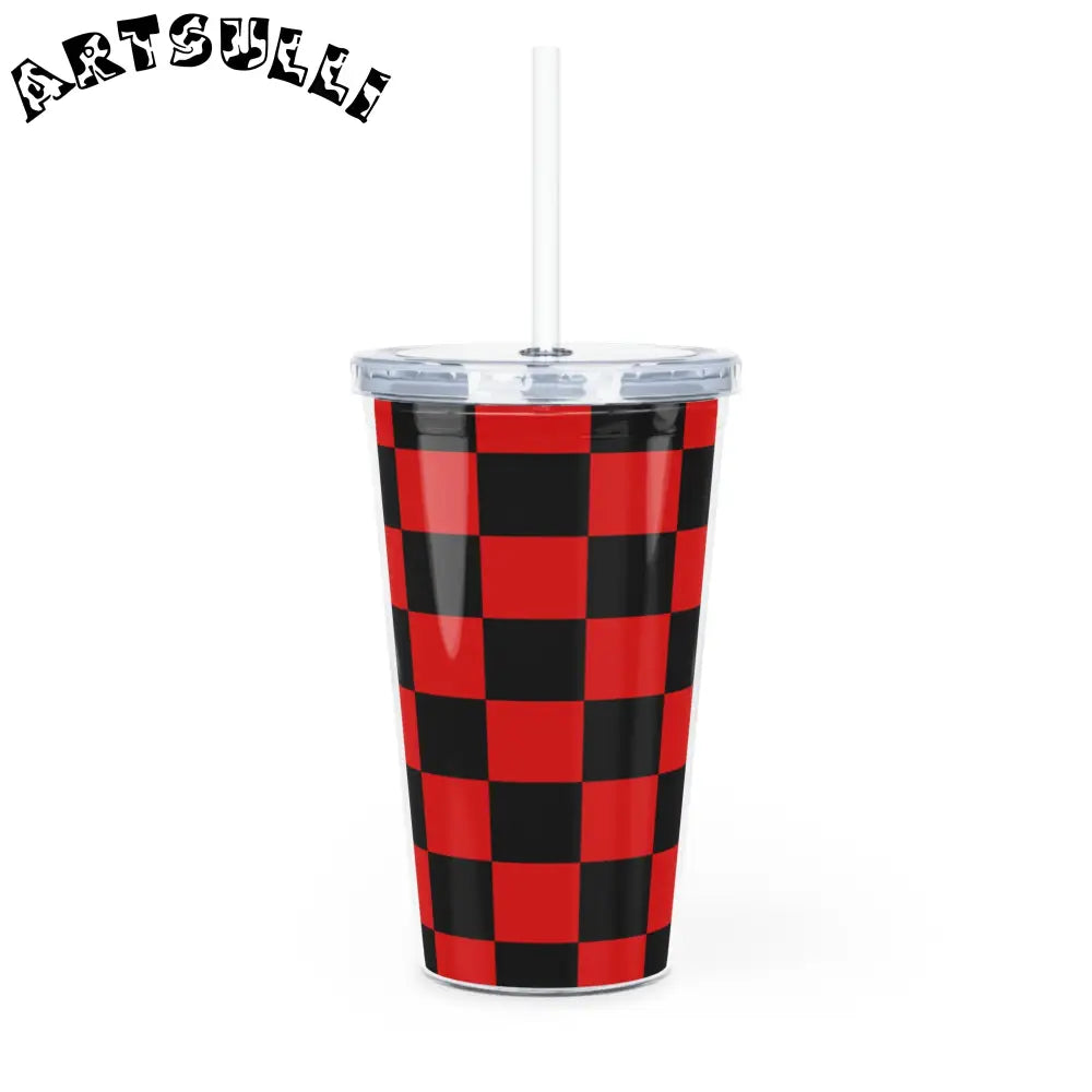JAKKOUTTHEBXX Checkerboard Red and Black Plastic Tumbler with Straw