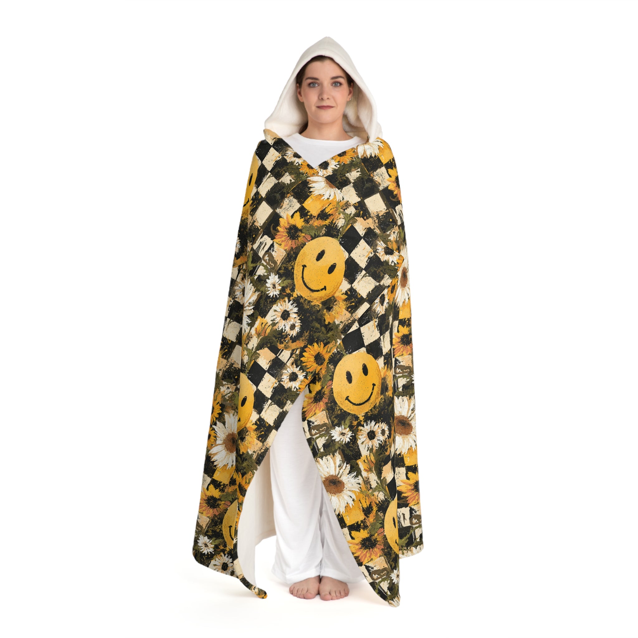 Smiley Face x Checkerboard x Sunflowers x Trippy x Vintage II Black and Yellow Hooded Sherpa Fleece Blanket, Artsulli - Art is Long, Life is Short, All Over Prints, , , , , , , 