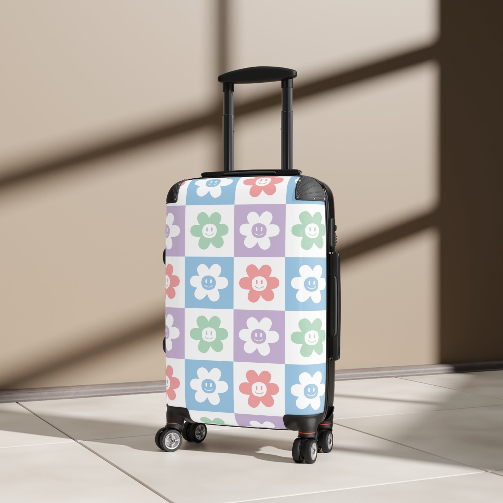 Chessboard x Smiley Face Flowers Multi-Color Suitcase, Artsulli - Art is Long, Life is Short, Bags, , , , , , , 