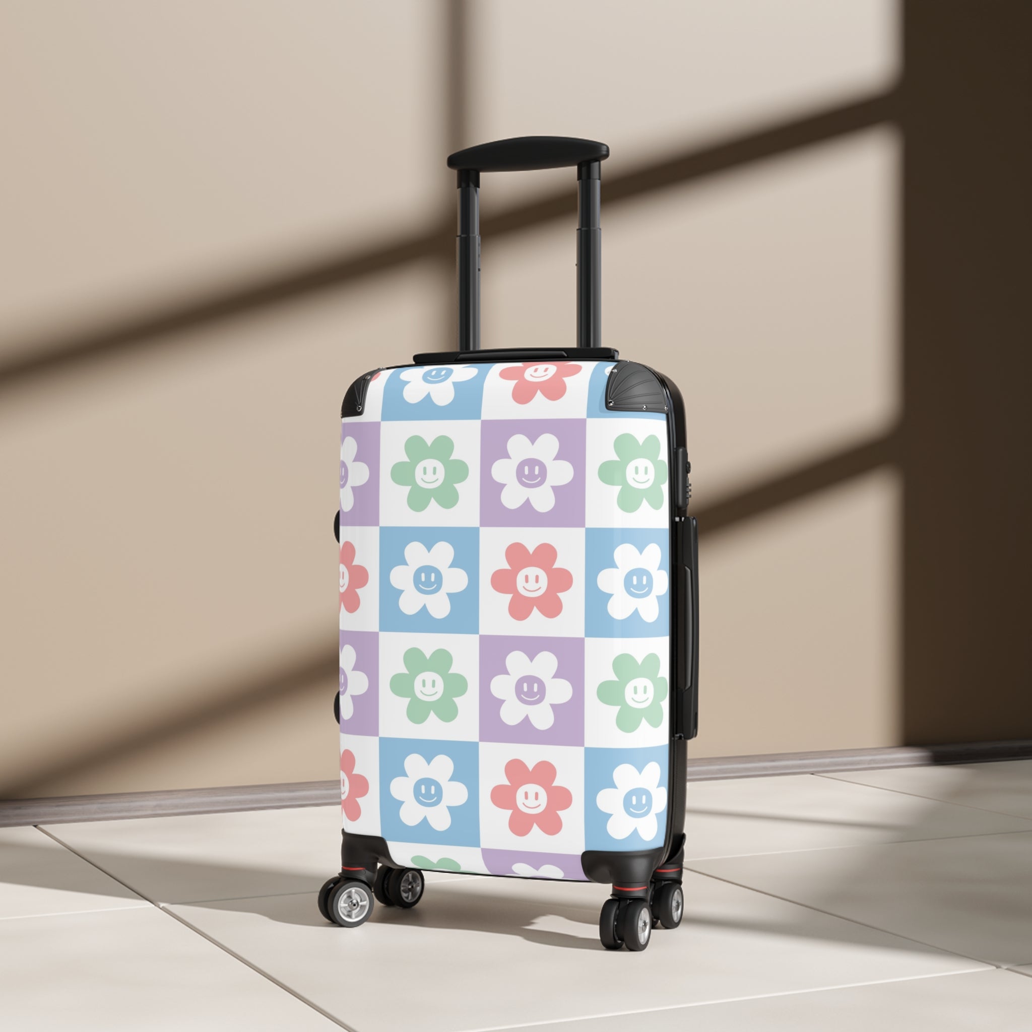 Chessboard x Smiley Face Flowers Multi-Color Suitcase, Artsulli - Art is Long, Life is Short, Bags, , , , , , , 