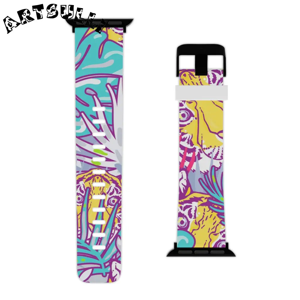 JAKKOUTTHEBXX Tropical Floral Tigers Torquise and Purple Watch Band