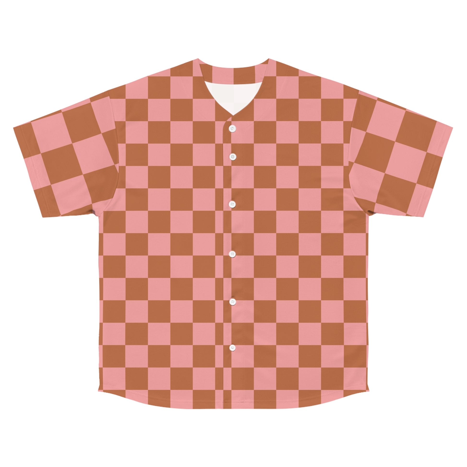 Chessboard II Pink and Brown  Men's Baseball Jersey (AOP), Artsulli - Art is Long, Life is Short, All Over Prints, Size, S, Color, Seam thread color automatically matched to design, , , 15337447570297739908