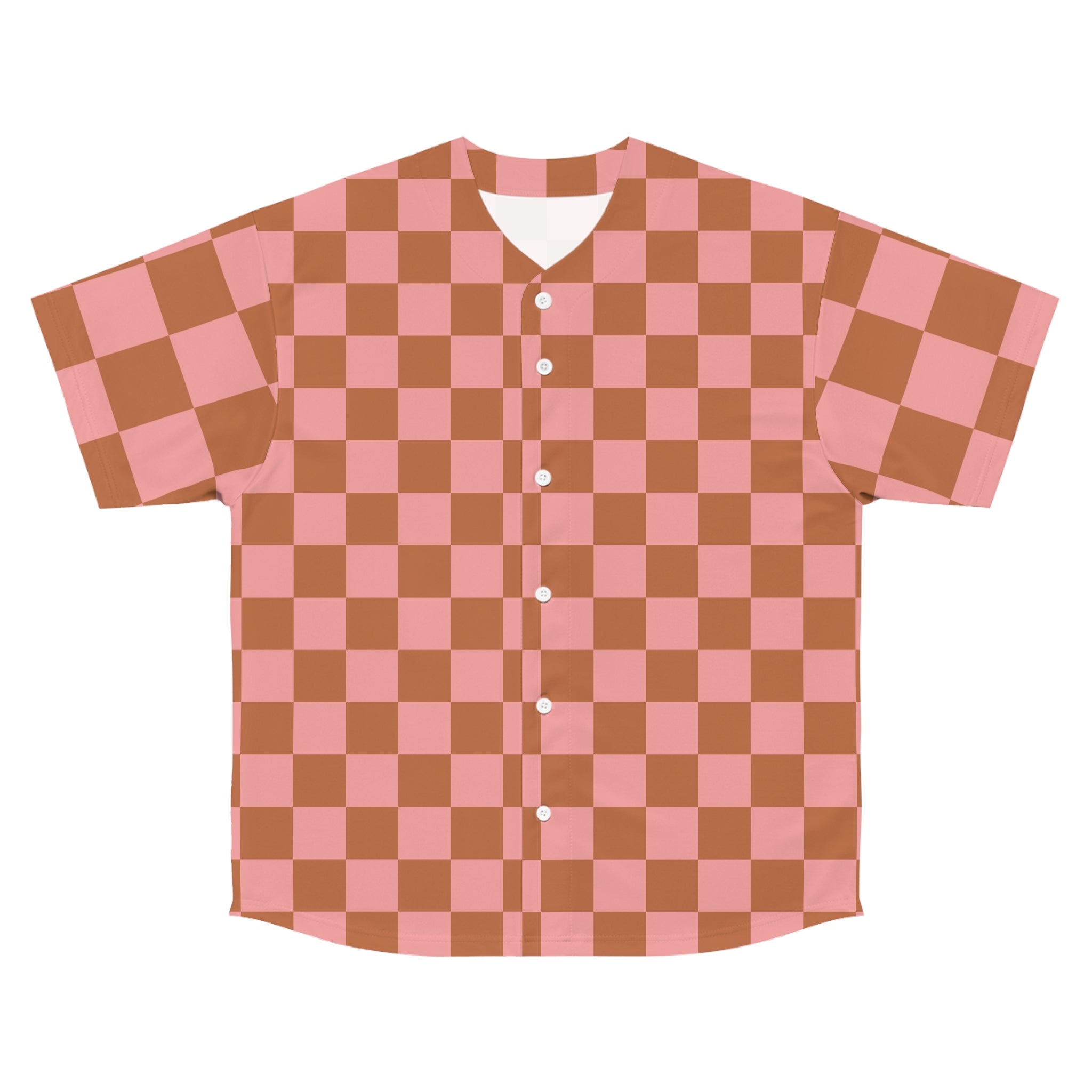 Chessboard II Pink and Brown  Men's Baseball Jersey (AOP), Artsulli - Art is Long, Life is Short, All Over Prints, Size, S, Color, Seam thread color automatically matched to design, , , 15337447570297739908