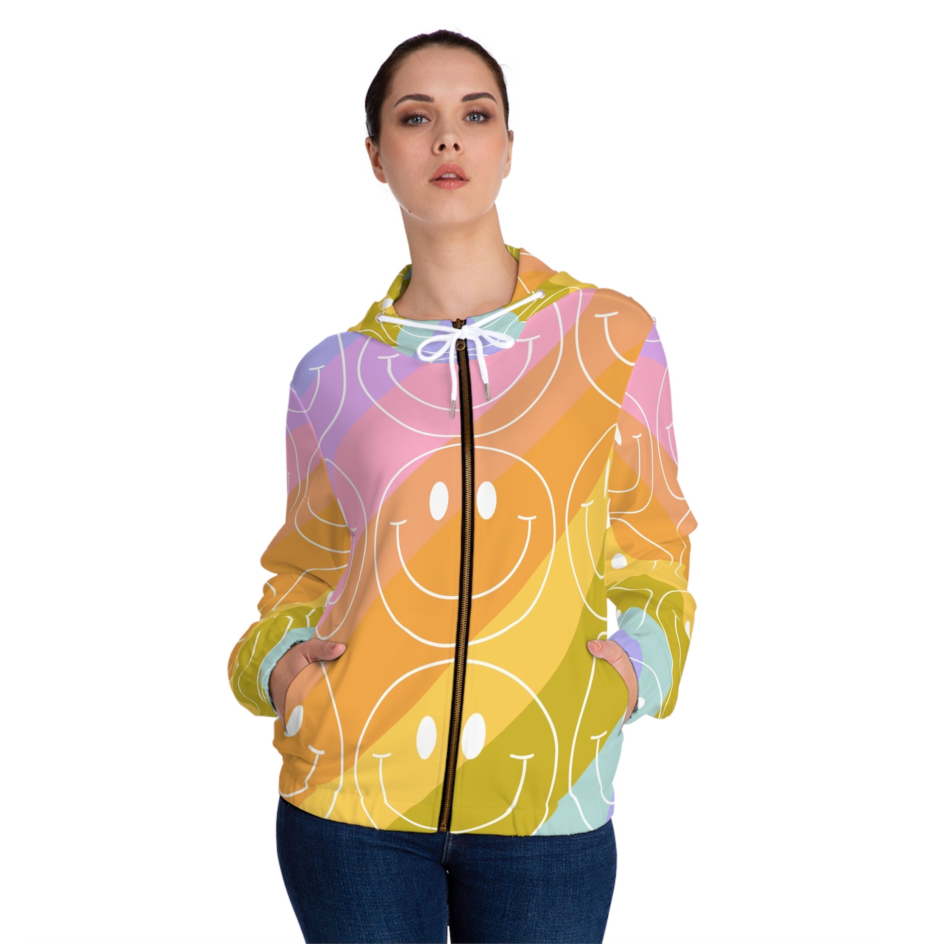 Smiley Face x Rainbow Stripes Multi-Color Women’s Full-Zip Hoodie (AOP), Artsulli - Art is Long, Life is Short, All Over Prints, , , , , , , 
