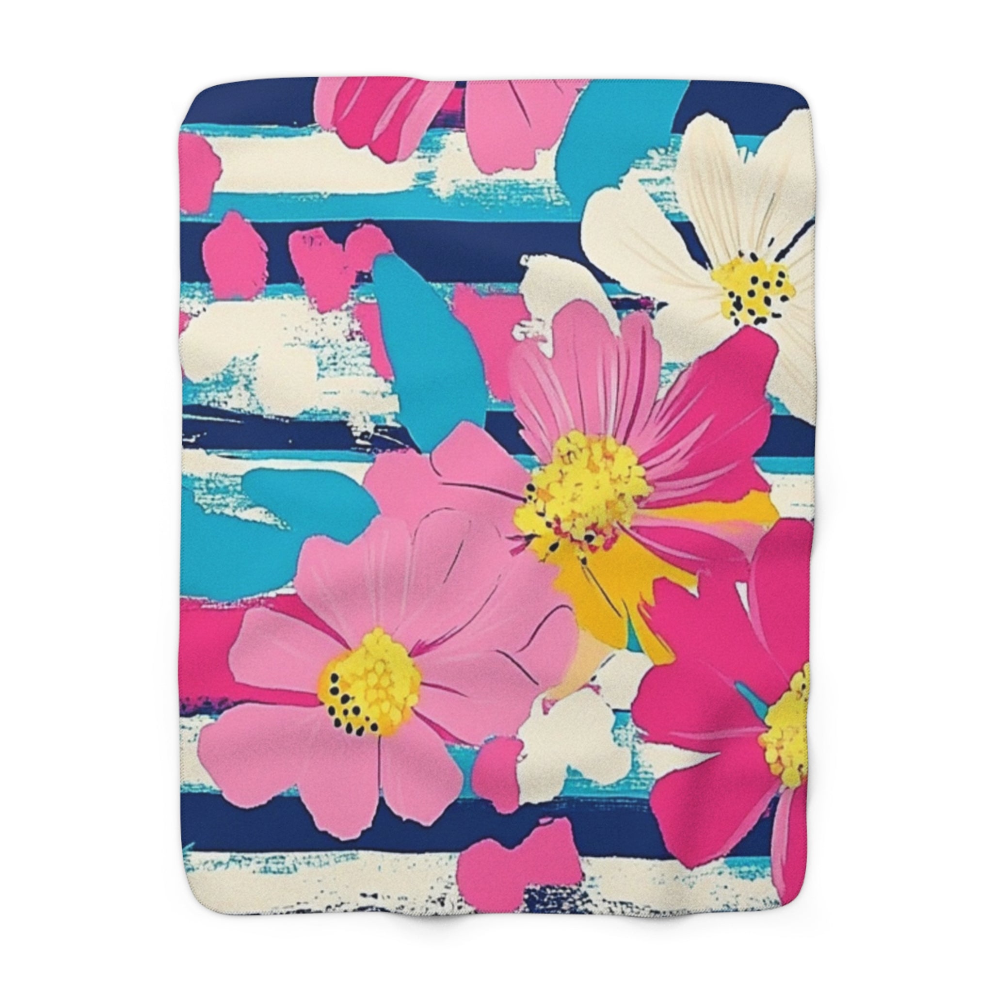 Dayglo Floral Stripes Multi-Color Sherpa Fleece Blanket, Artsulli - Art is Long, Life is Short, Home Decor, Size, 50" × 60", , , , , 38619839447915