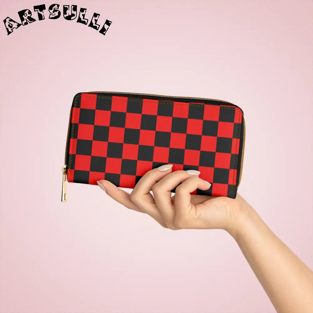 JAKKOUTTHEBXX Checkerboard Red and Black Zipper Wallet JAKKOUTTHEBXX