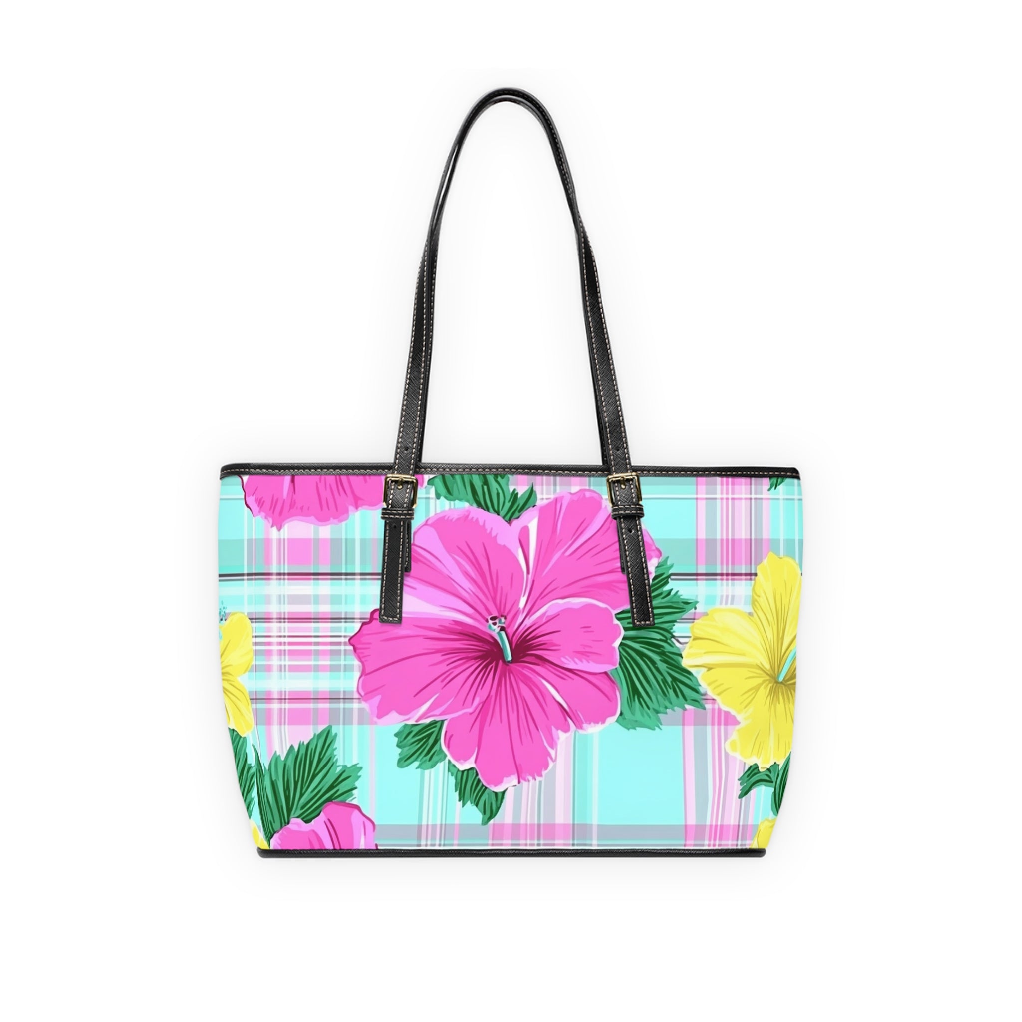 Plaid Hibiscus Pink and Yellow PU Leather Shoulder Bag, Artsulli - Art is Long, Life is Short, Bags, , , , , , , 