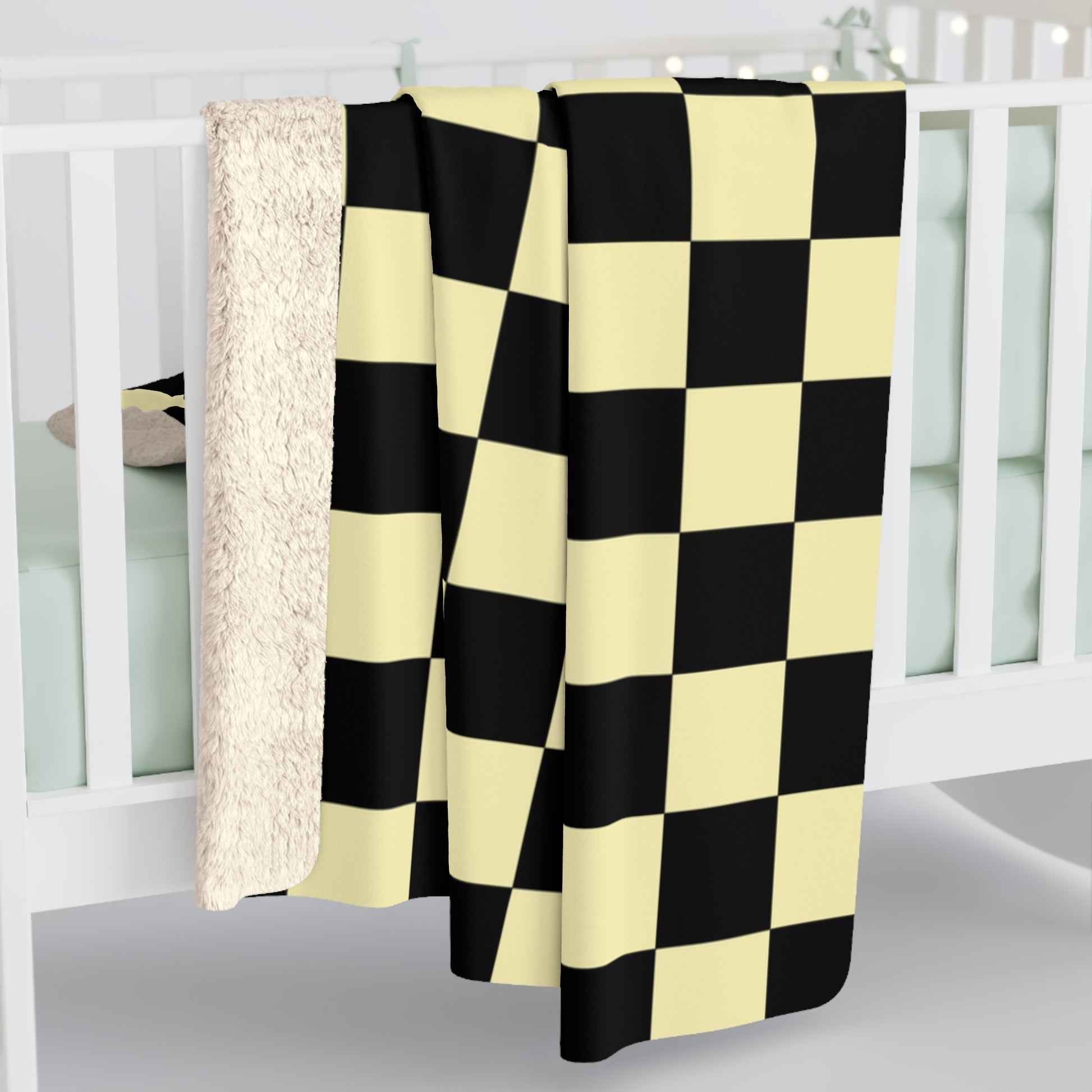 Checkerboard Black and Yellow Sherpa Fleece Blanket, Artsulli - Art is Long, Life is Short, Home Decor, , , , , , , 