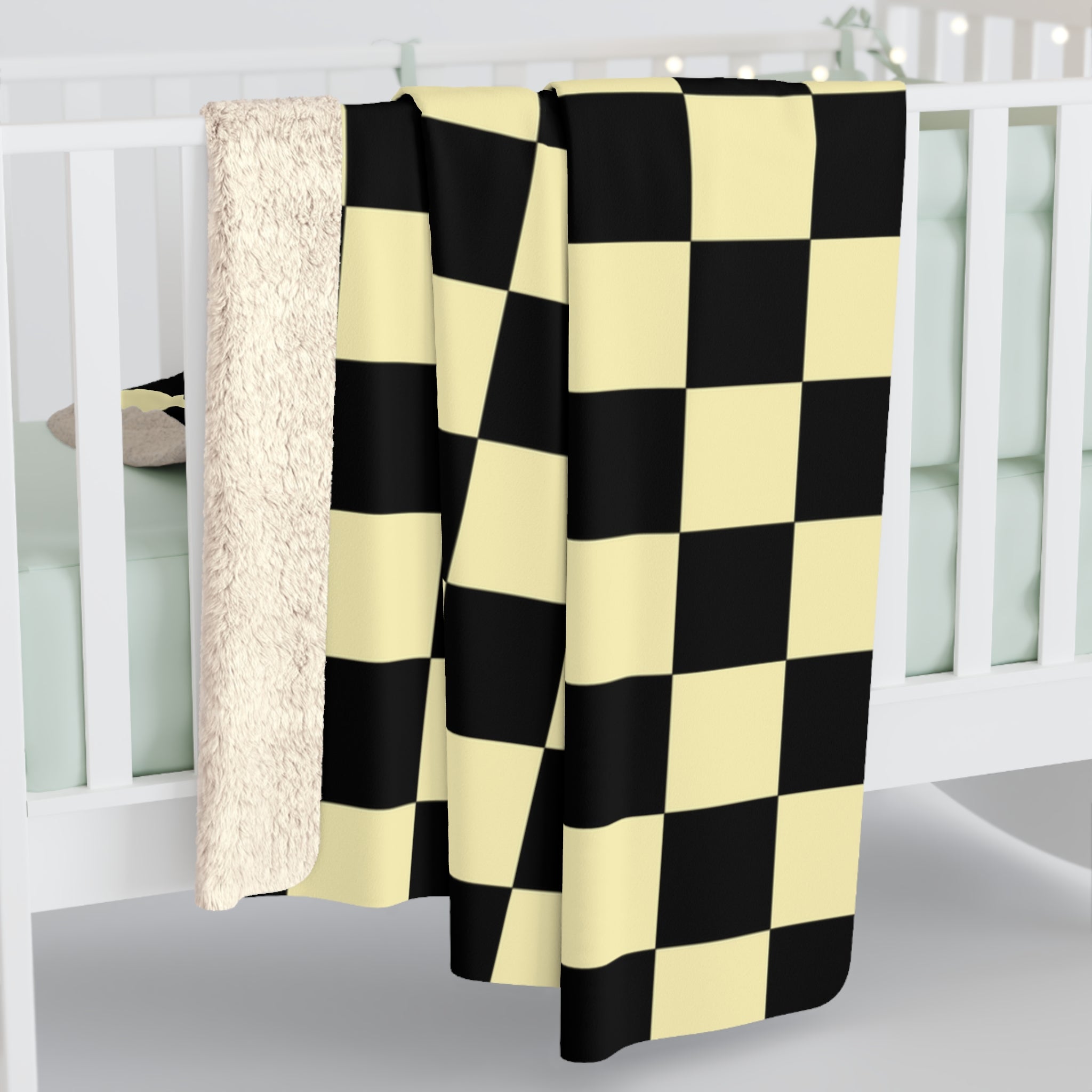 Checkerboard Black and Yellow Sherpa Fleece Blanket, Artsulli - Art is Long, Life is Short, Home Decor, , , , , , , 