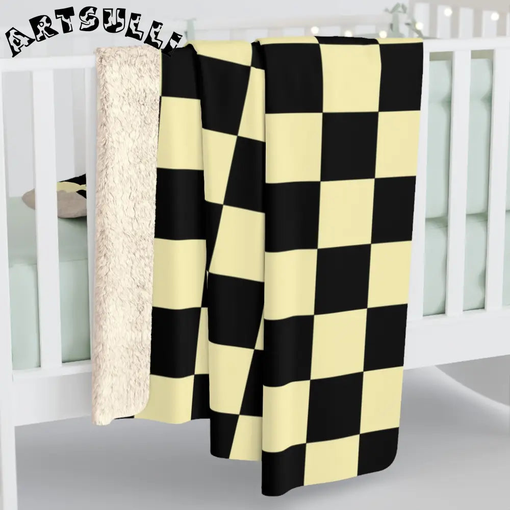 JAKKOUTTHEBXX Checkerboard Black and Yellow Sherpa Fleece Blanket
